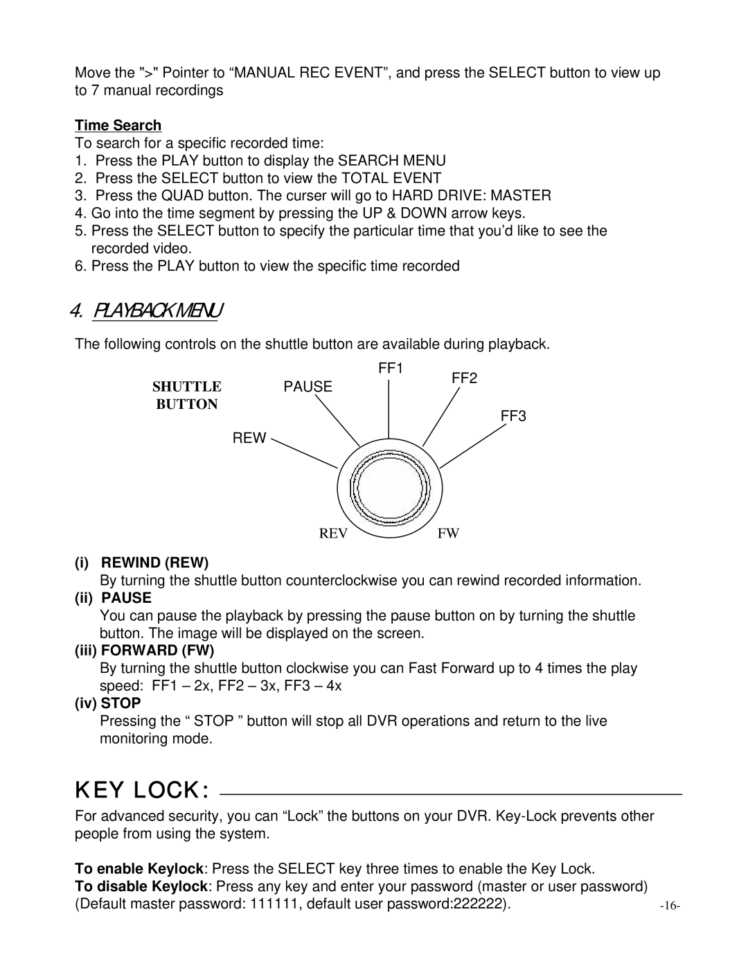 LOREX Technology L174V, L164 instruction manual KEY Lock, Playback Menu 