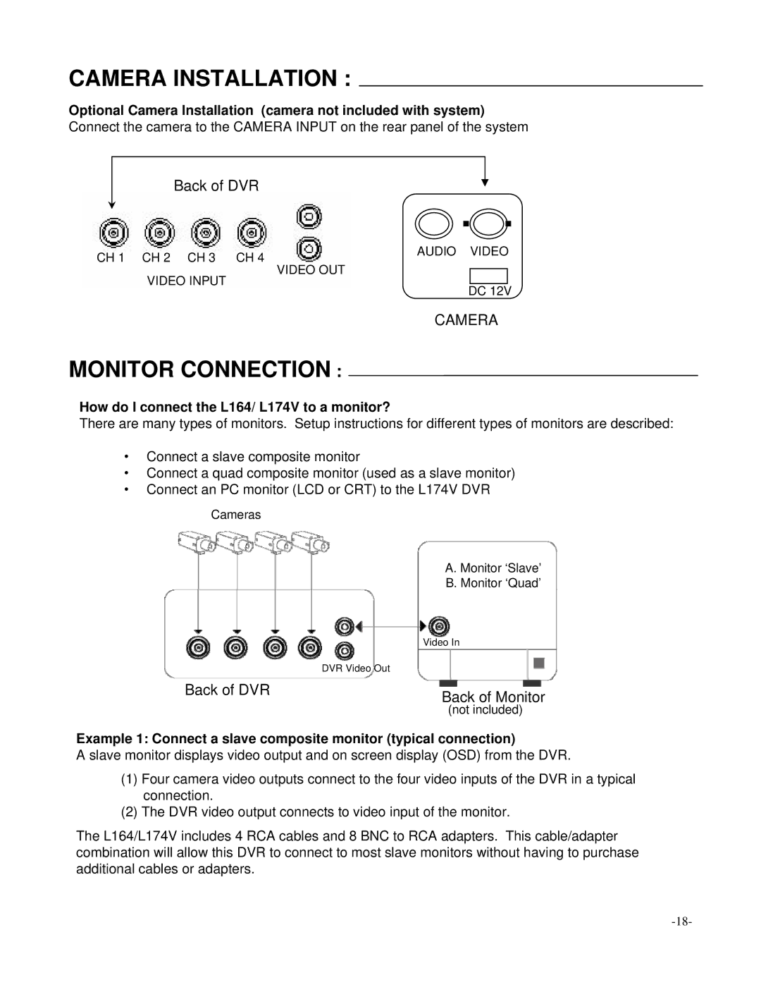 LOREX Technology L174V, L164 instruction manual Camera Installation, Monitor Connection 