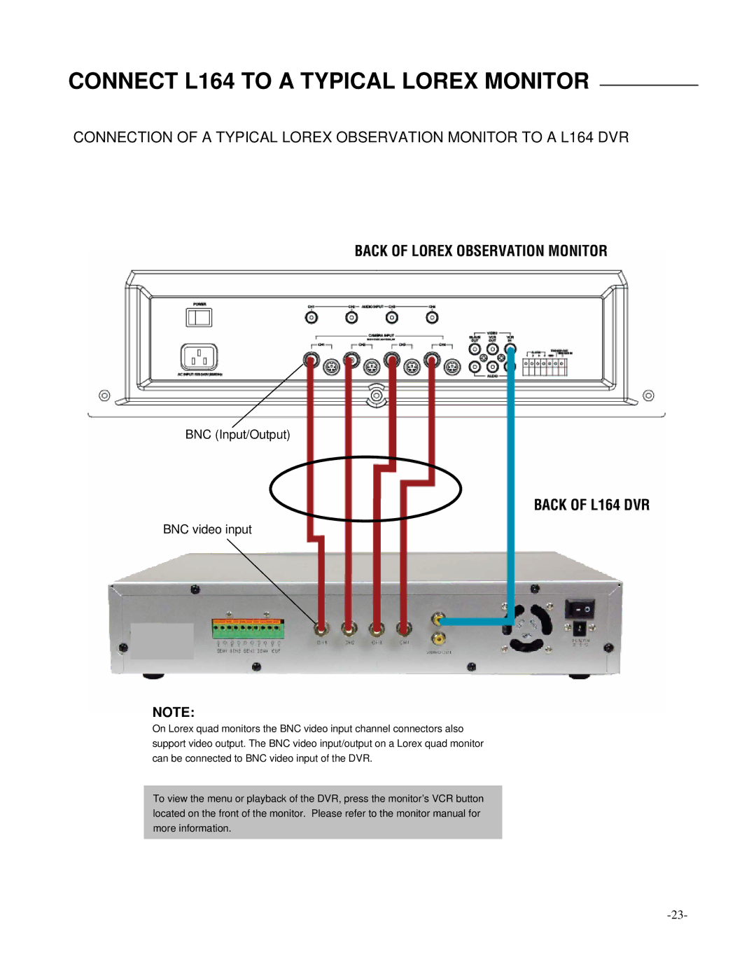 LOREX Technology L174V Connect L164 to a Typical Lorex Monitor, Back of Lorex Observation Monitor, Back of L164 DVR 