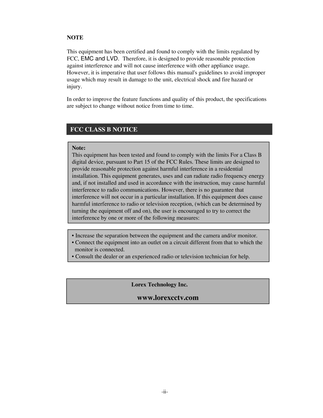 LOREX Technology L164, L174V instruction manual FCC Class B Notice 