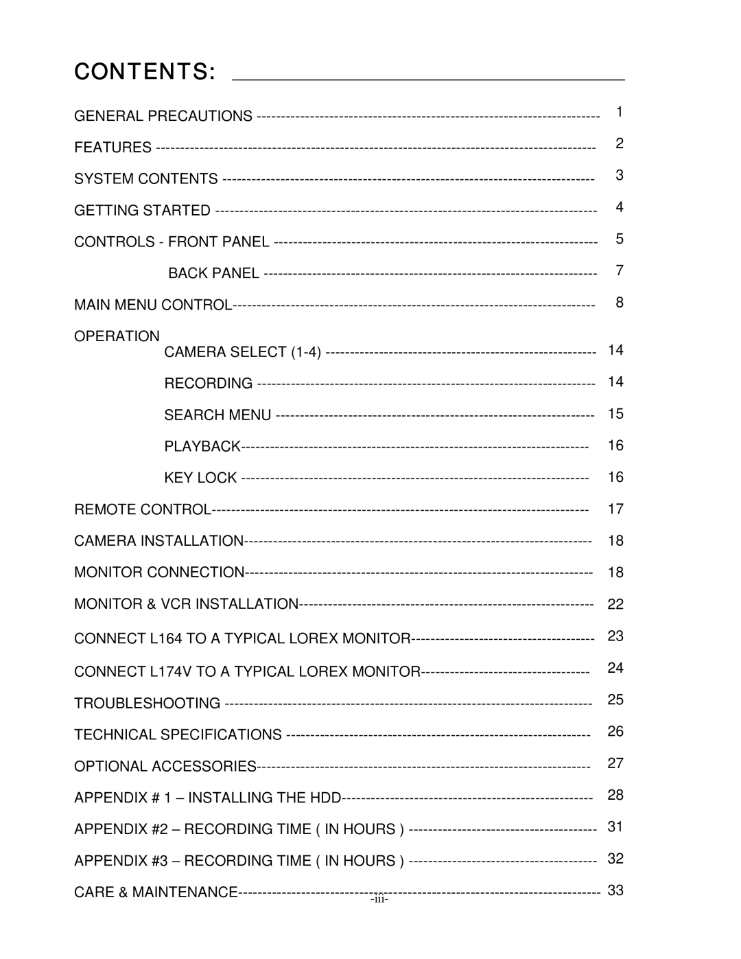 LOREX Technology L174V, L164 instruction manual Contents 