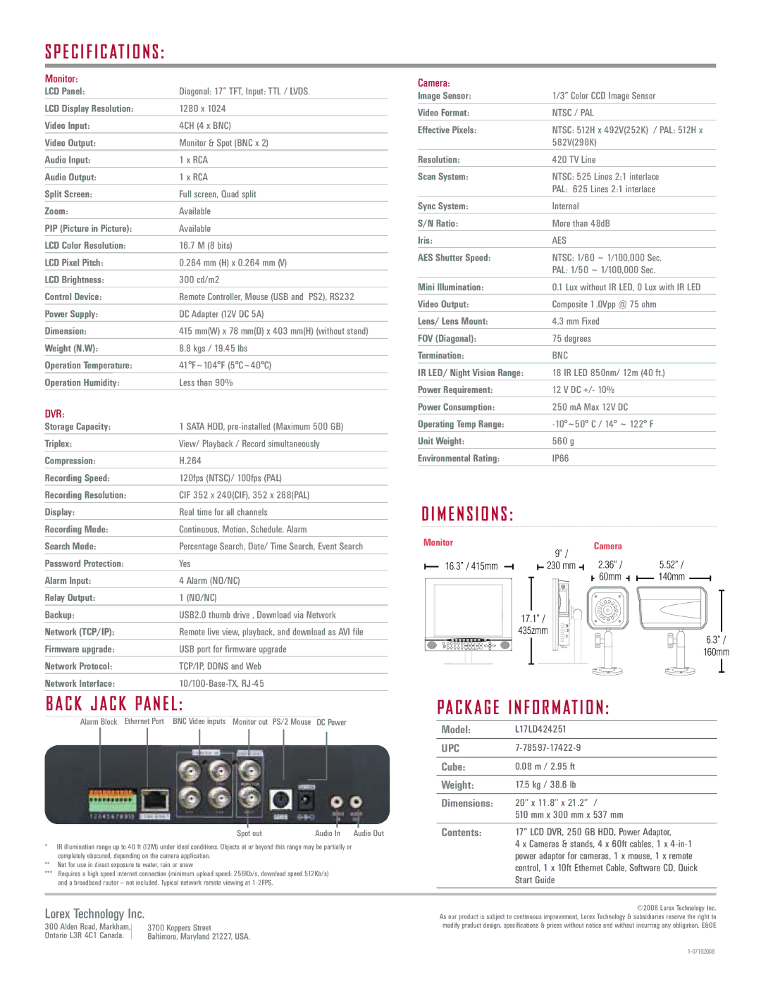 LOREX Technology L17LD420 manual E c i f i c at i o n s, C K J a C K PA N E L, Pa c k a g e i n f o r m at i o n 