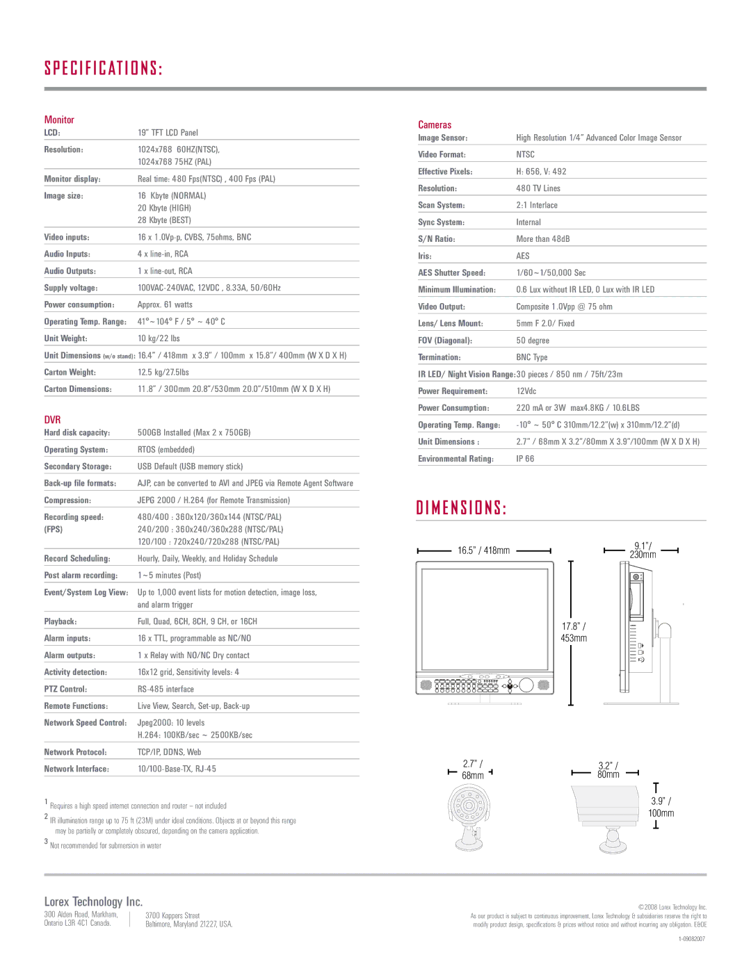 LOREX Technology L19LD1600 Series warranty E c i f i c at i o n s, M e n s i o n s 