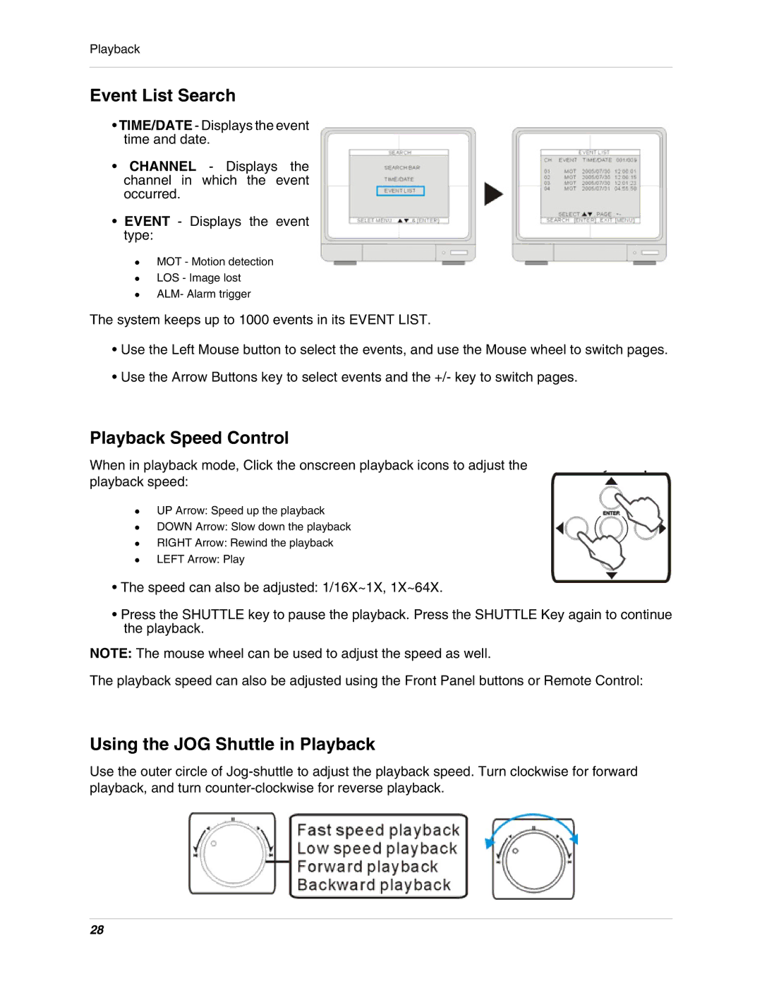 LOREX Technology L19lD1616501 Event List Search, Playback Speed Control, Using the JOG Shuttle in Playback 