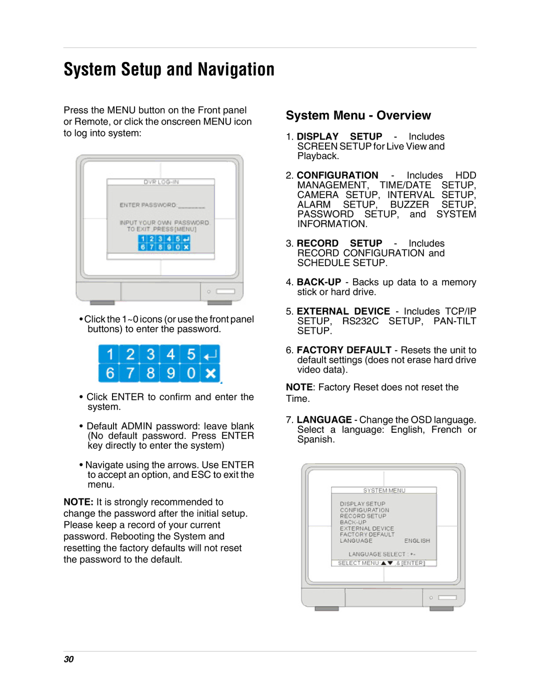 LOREX Technology L19lD1616501 instruction manual System Setup and Navigation, System Menu Overview 