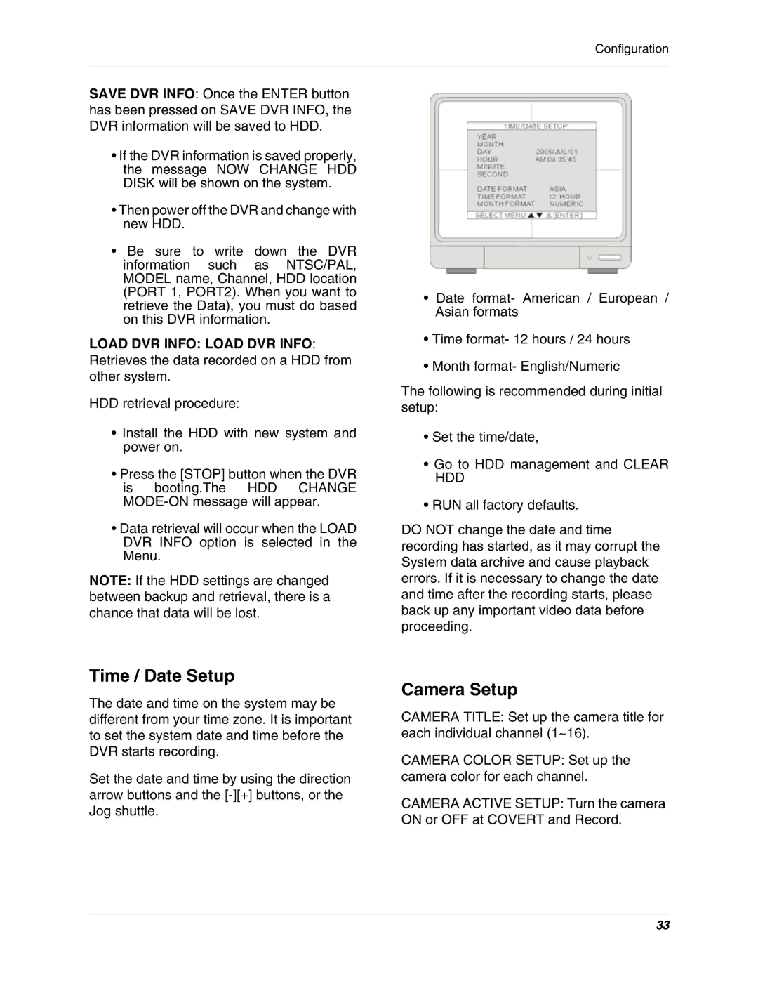 LOREX Technology L19lD1616501 instruction manual Time / Date Setup, Camera Setup, Load DVR Info Load DVR Info 