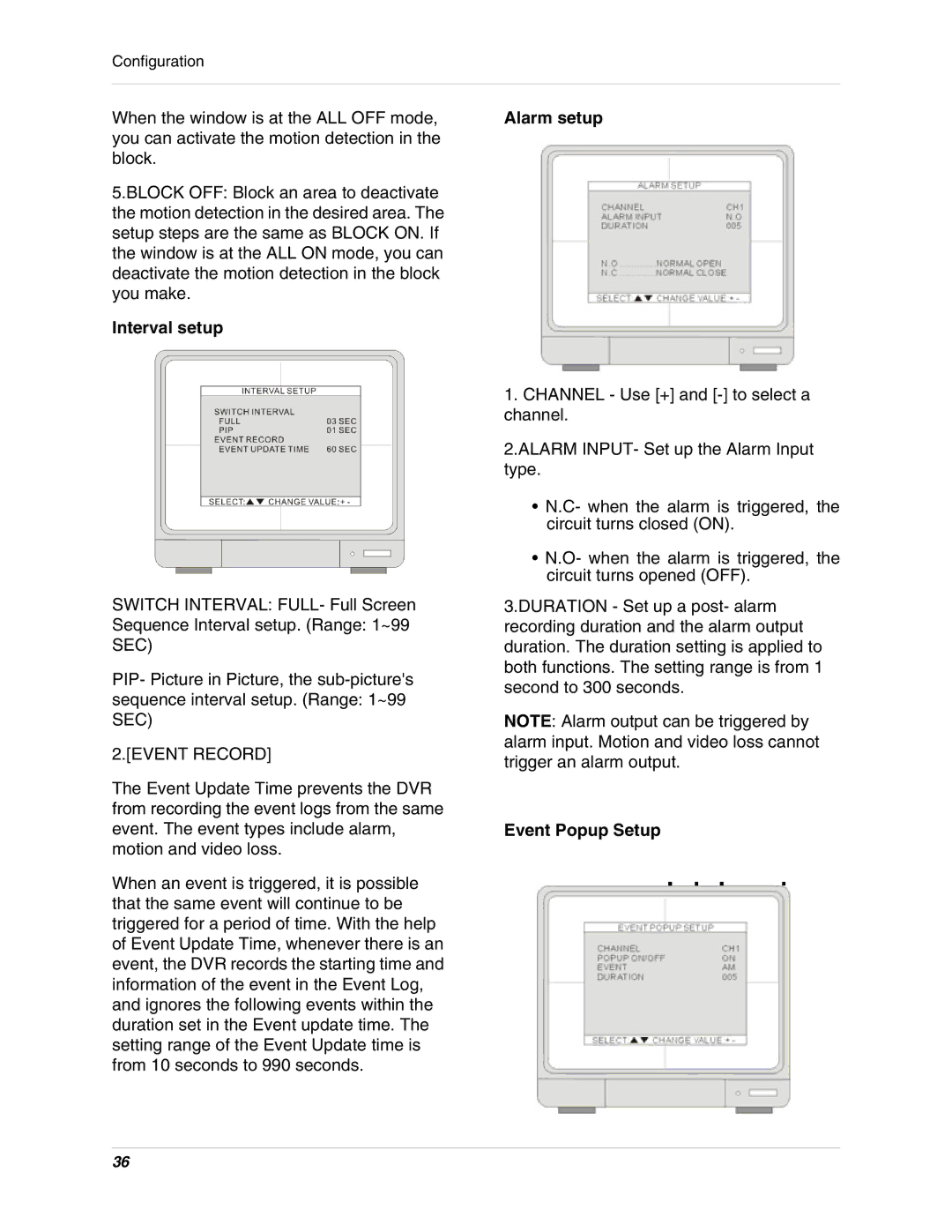 LOREX Technology L19lD1616501 instruction manual Interval setup, Alarm setup, Event Popup Setup 