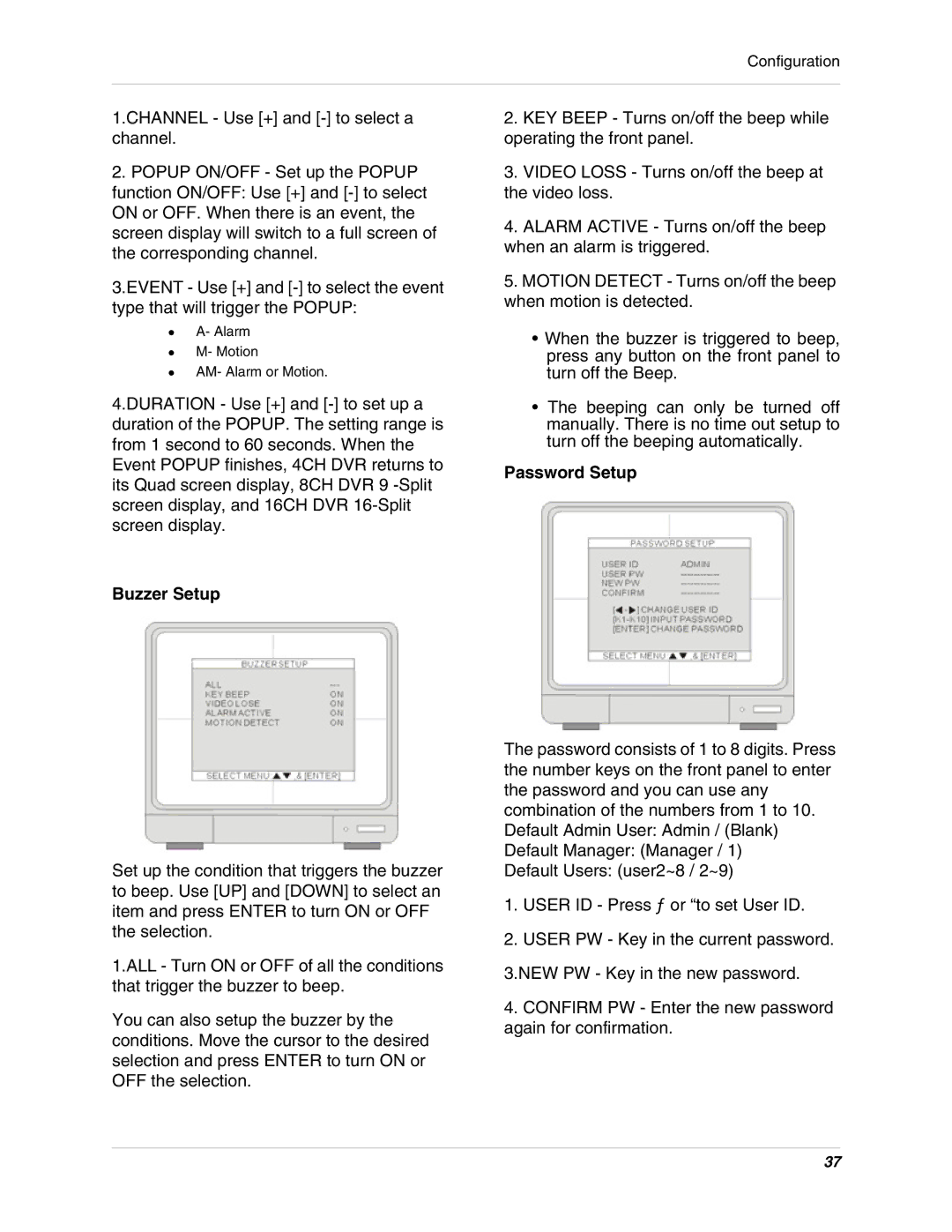 LOREX Technology L19lD1616501 instruction manual Buzzer Setup, Password Setup 