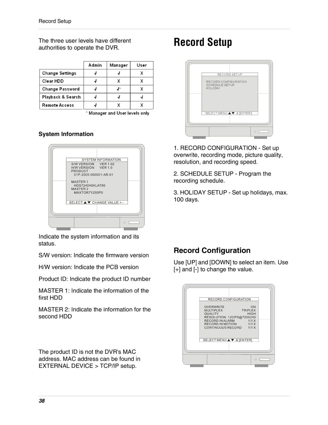 LOREX Technology L19lD1616501 instruction manual Record Setup, Record Configuration, System Information 