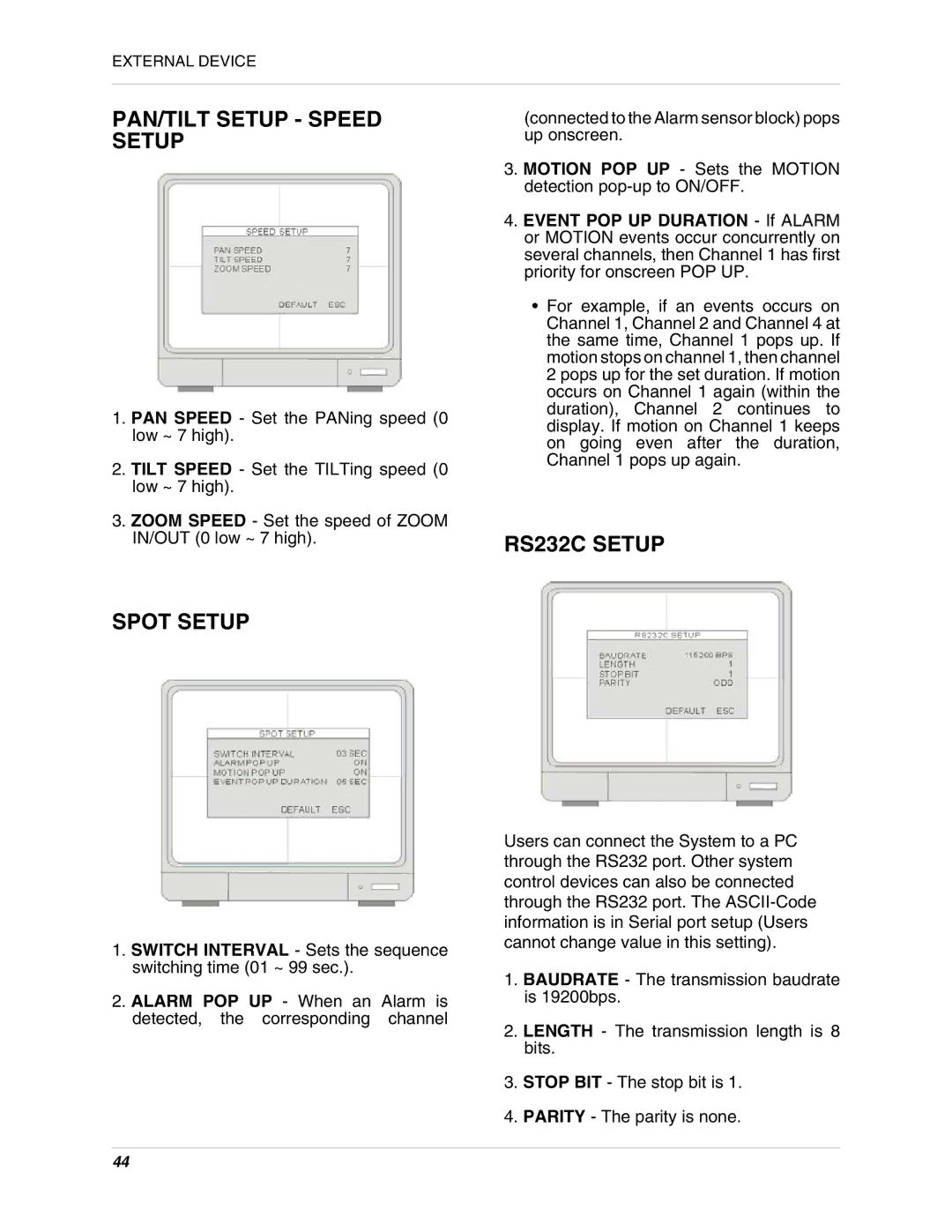 LOREX Technology L19lD1616501 instruction manual PAN/TILT Setup Speed Setup 