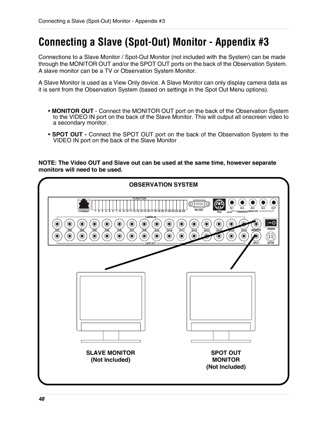 LOREX Technology L19lD1616501 instruction manual Connecting a Slave Spot-Out Monitor Appendix #3, Observation System 