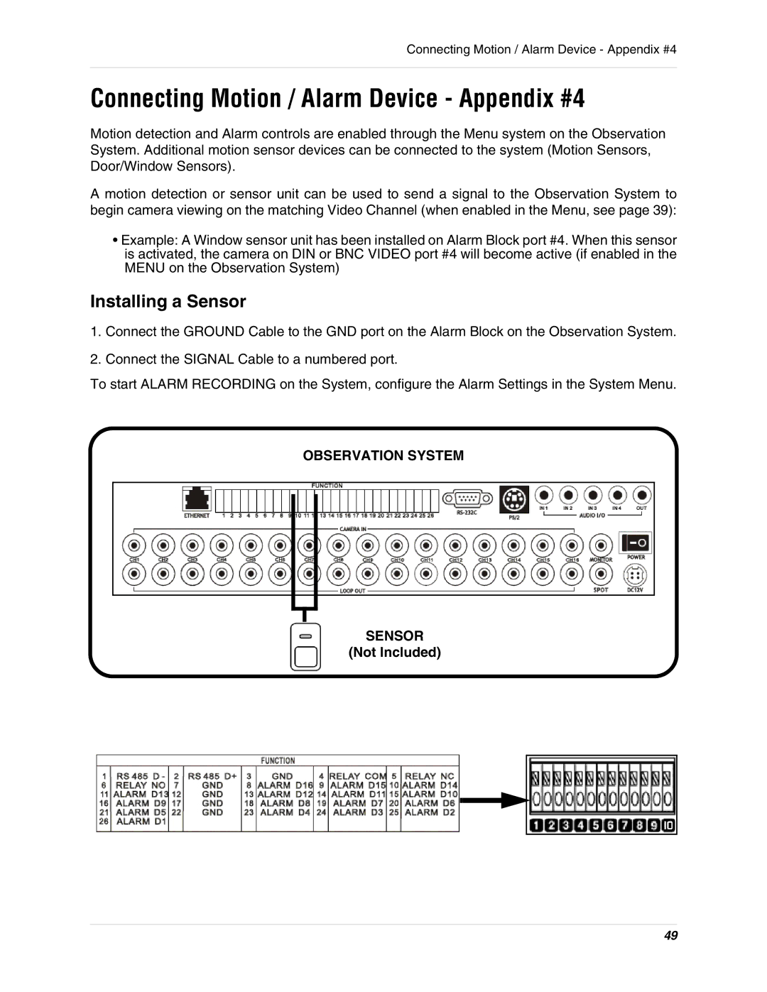 LOREX Technology L19lD1616501 instruction manual Connecting Motion / Alarm Device Appendix #4, Installing a Sensor 