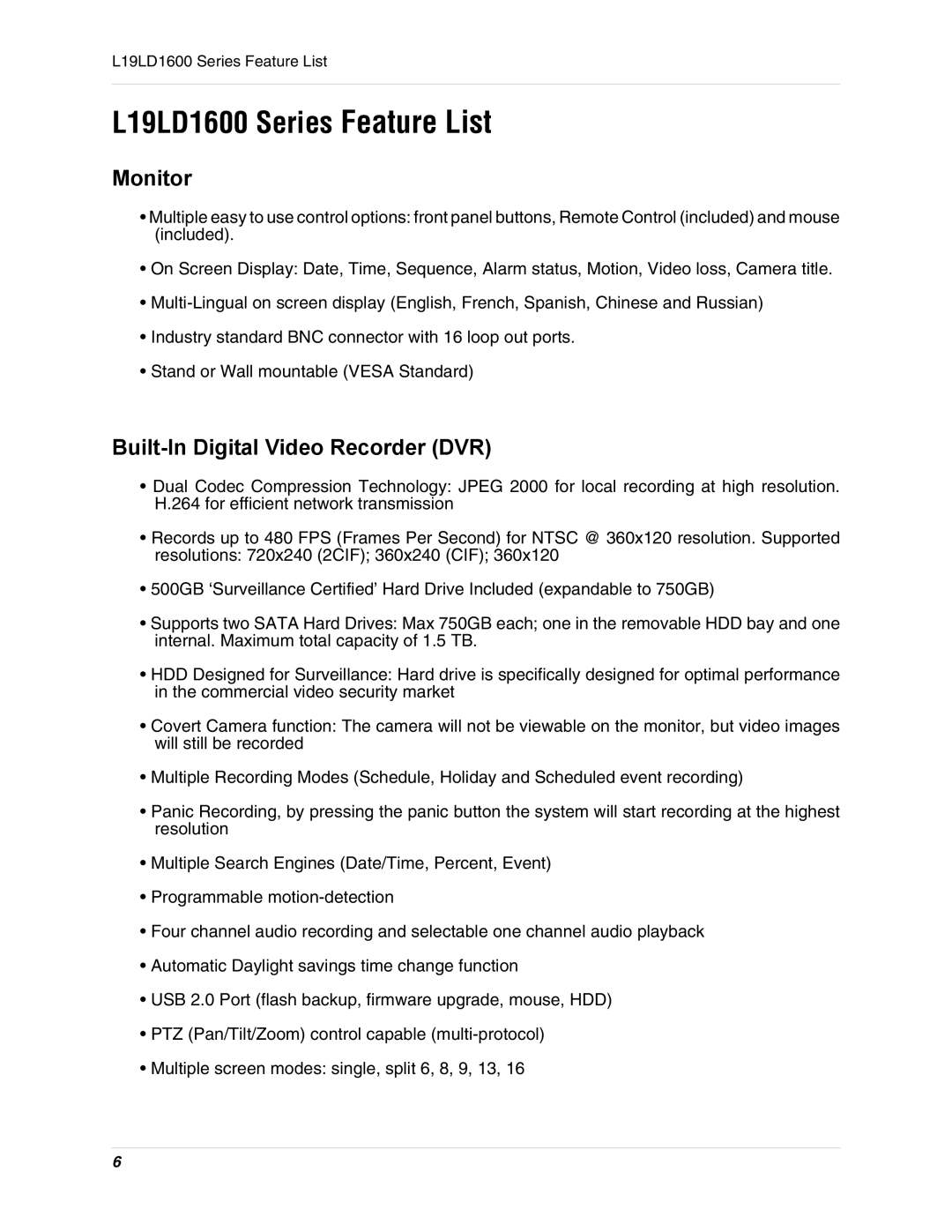 LOREX Technology L19lD1616501 instruction manual L19LD1600 Series Feature List 