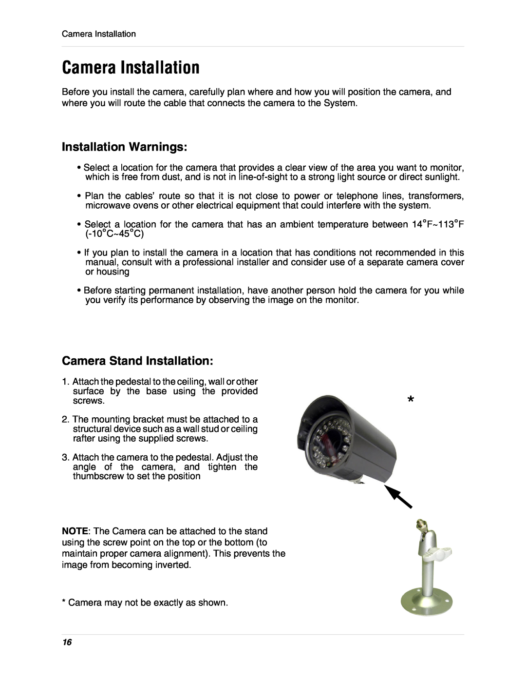 LOREX Technology L19lD1616501 instruction manual Camera Installation, Installation Warnings, Camera Stand Installation 