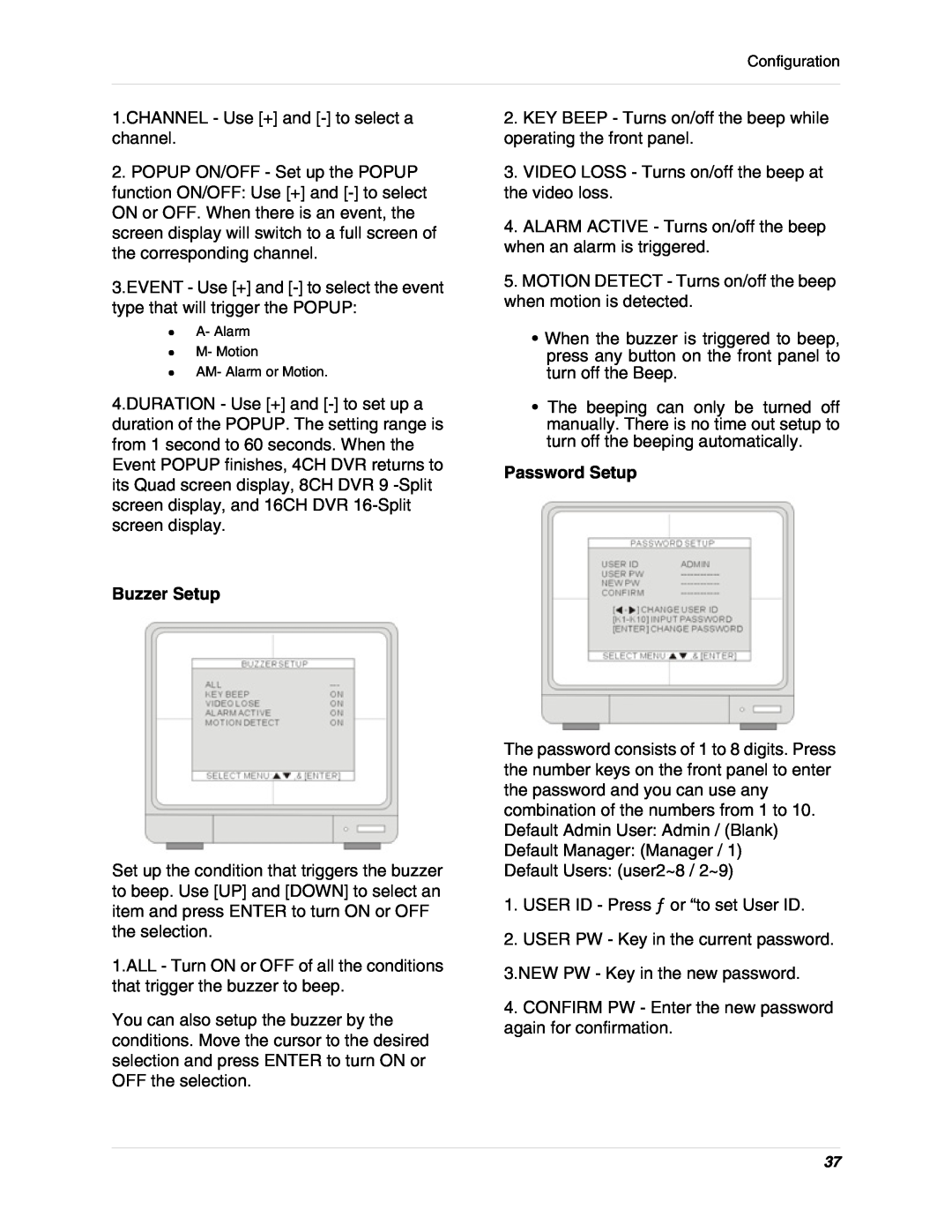 LOREX Technology L19lD1616501 instruction manual Buzzer Setup, Password Setup 