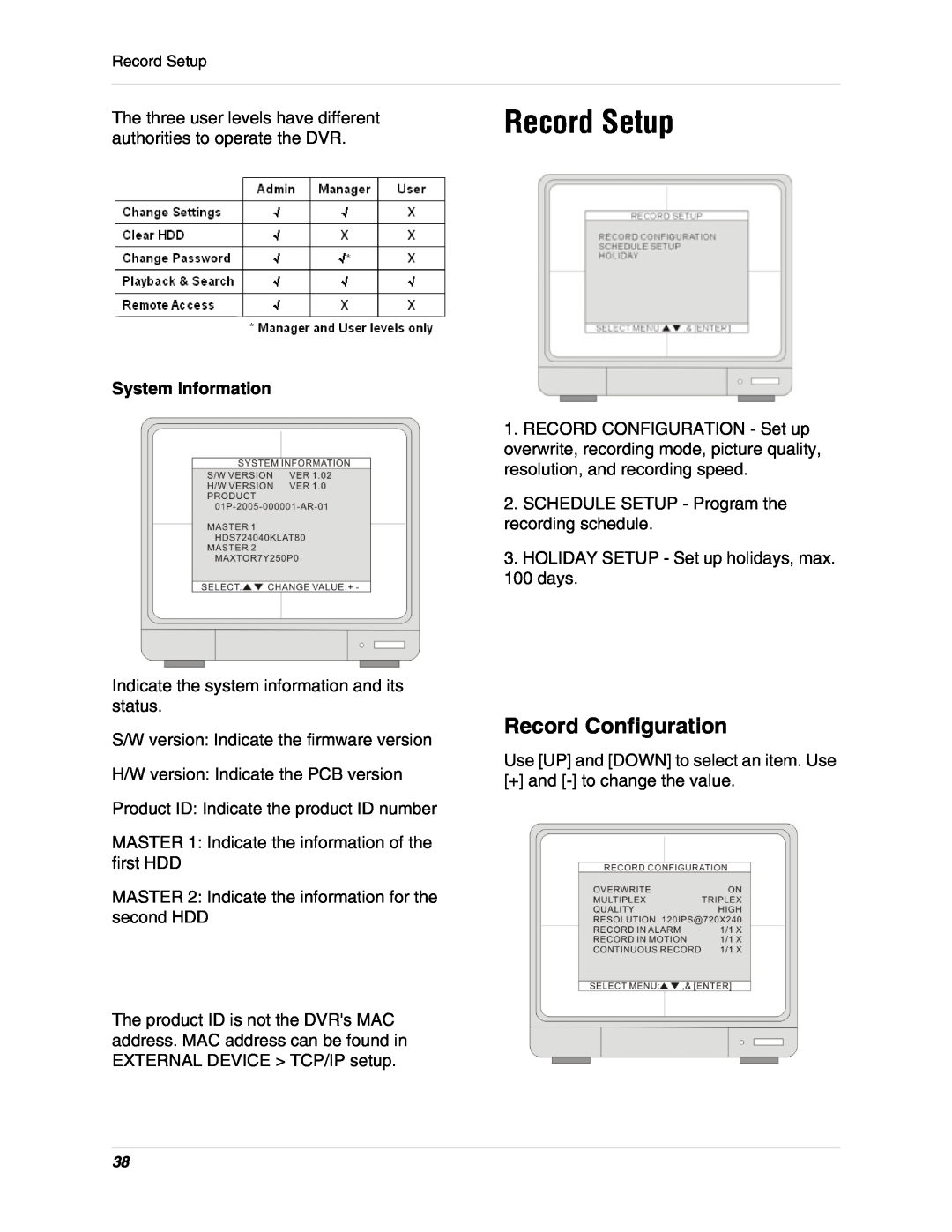LOREX Technology L19lD1616501 instruction manual Record Setup, Record Configuration, System Information 