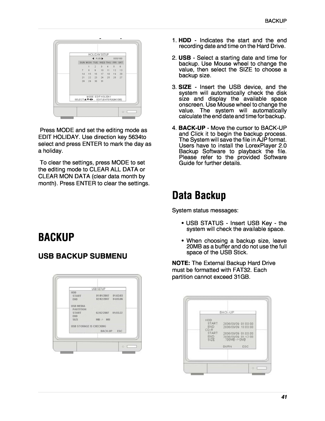 LOREX Technology L19lD1616501 instruction manual Data Backup, Usb Backup Submenu 