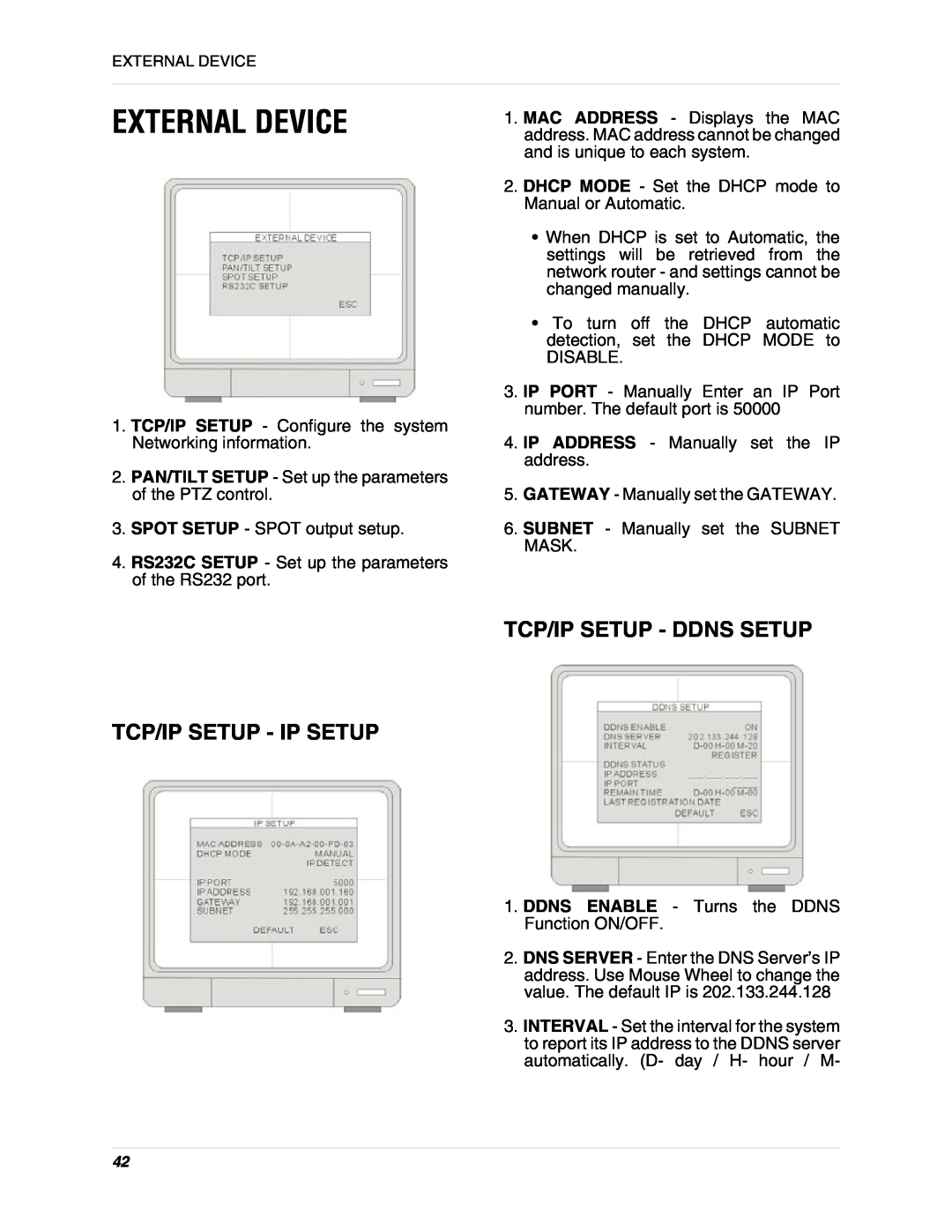 LOREX Technology L19lD1616501 instruction manual External Device, Tcp/Ip Setup - Ip Setup, Tcp/Ip Setup - Ddns Setup 