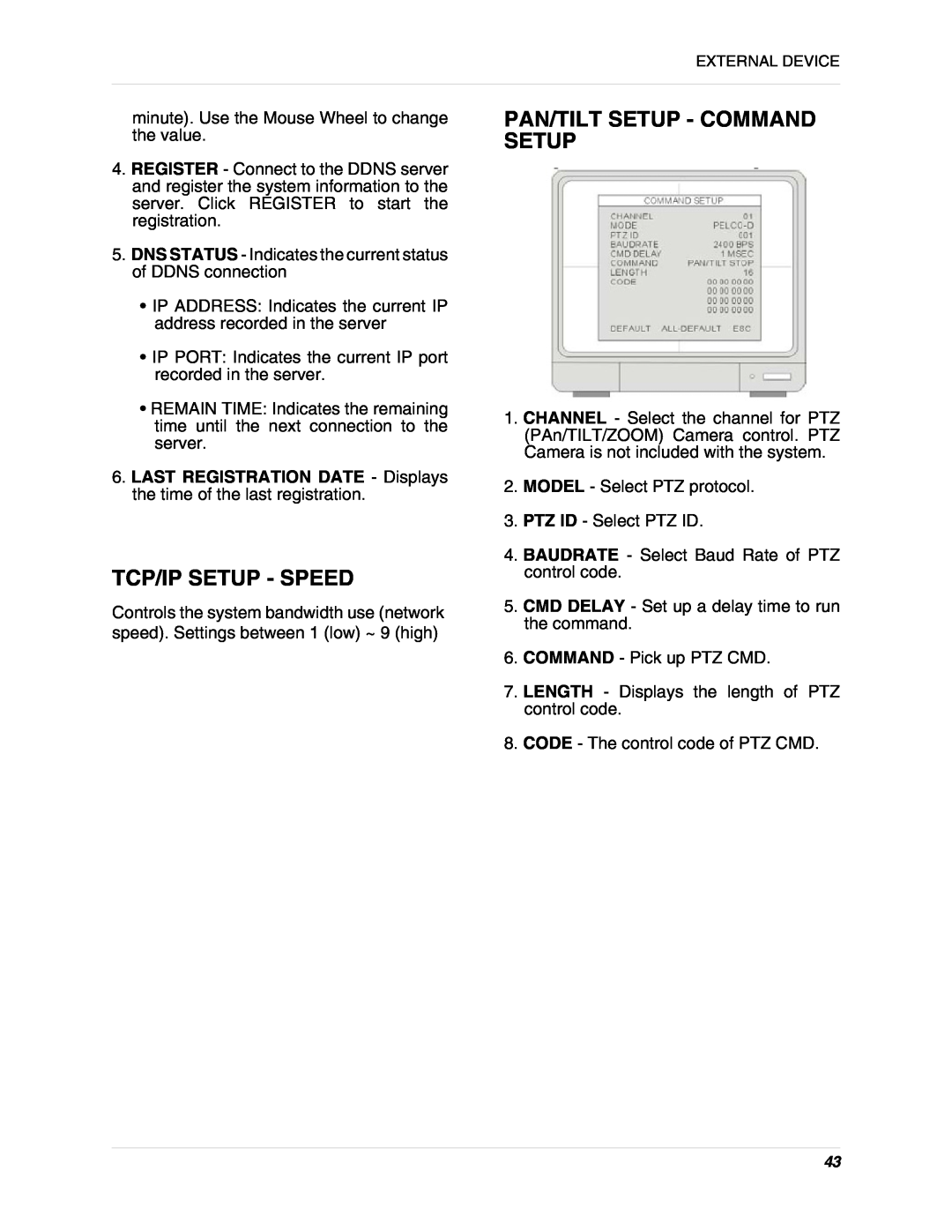 LOREX Technology L19lD1616501 instruction manual Tcp/Ip Setup - Speed, Pan/Tilt Setup - Command Setup 