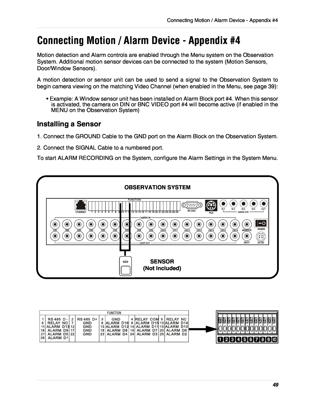 LOREX Technology L19lD1616501 instruction manual Connecting Motion / Alarm Device - Appendix #4, Installing a Sensor 