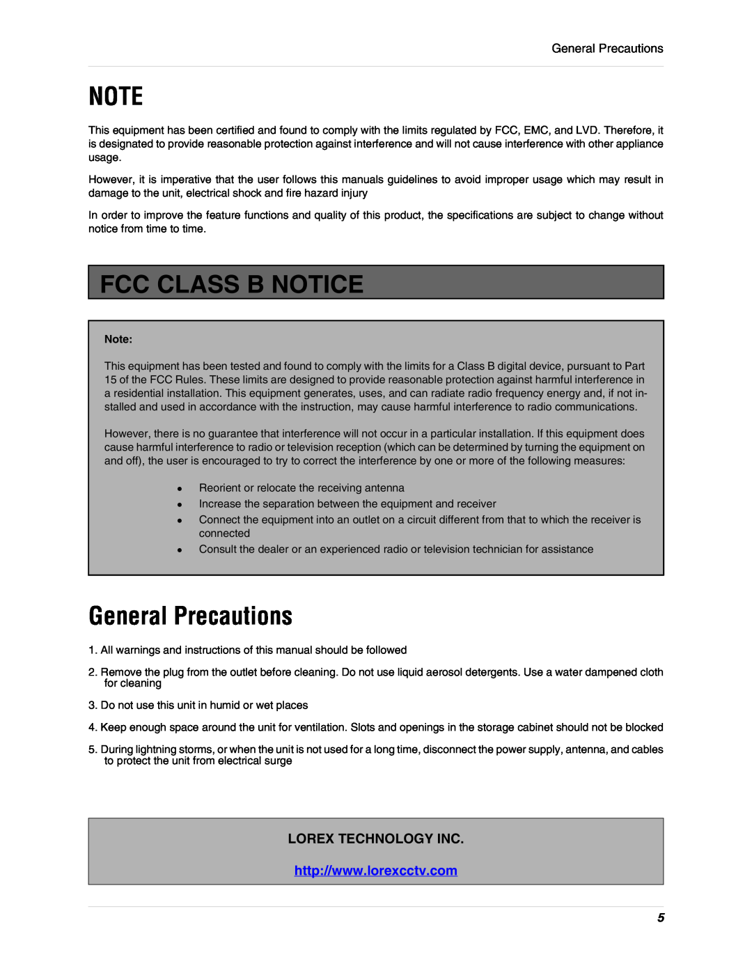LOREX Technology L19lD1616501 instruction manual Fcc Class B Notice, General Precautions, Lorex Technology Inc 