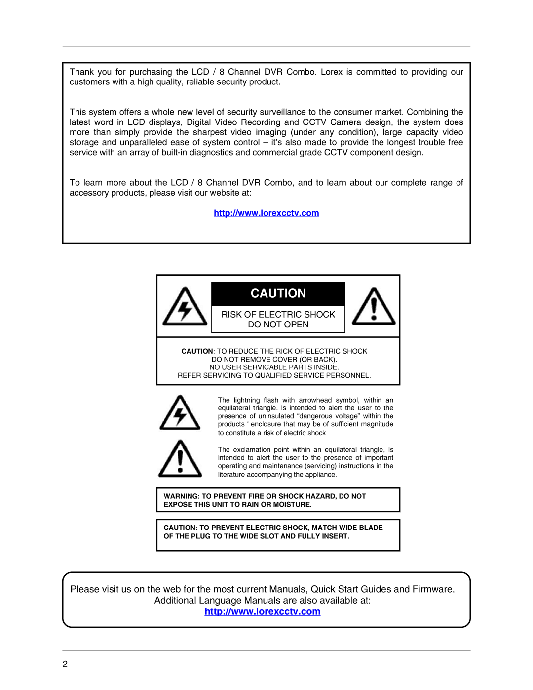 LOREX Technology L19LD800-Series instruction manual Risk of Electric Shock Do not Open 