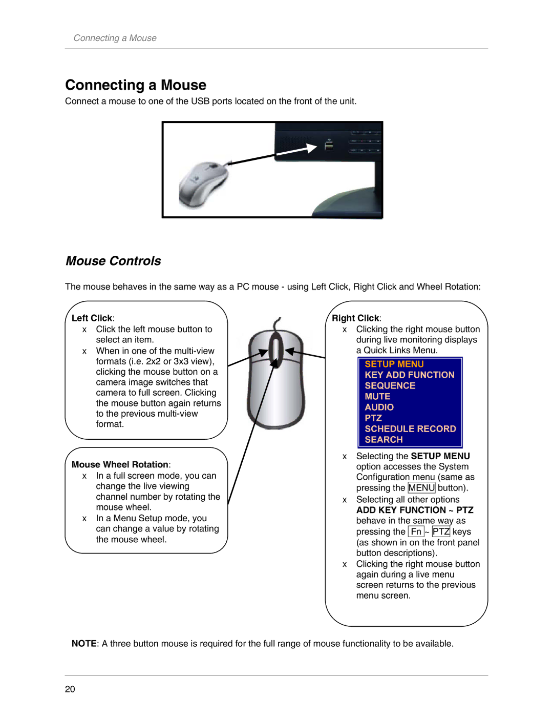 LOREX Technology L19LD800-Series Connecting a Mouse, Mouse Controls, Left Click, Mouse Wheel Rotation, Right Click 