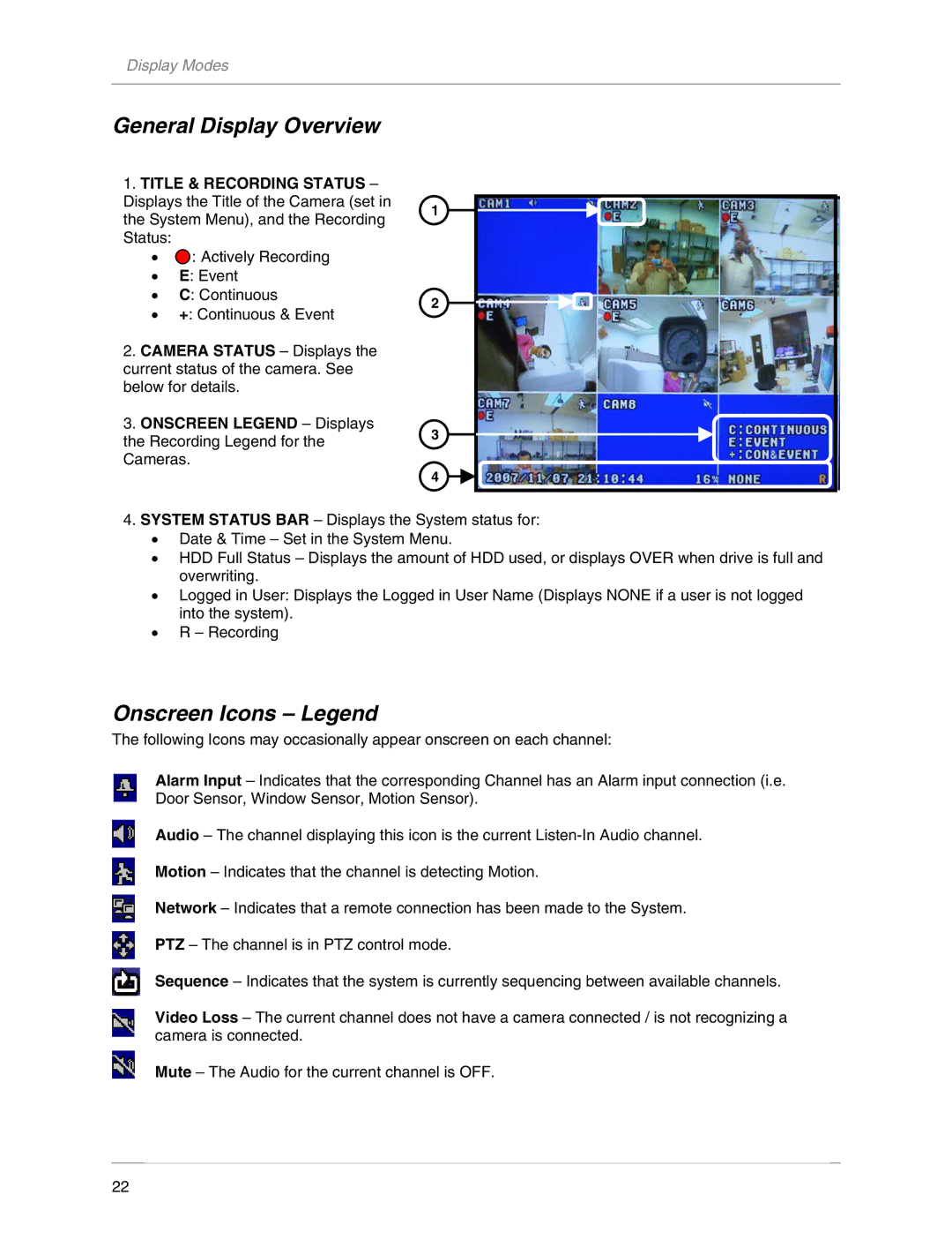 LOREX Technology L19LD800-Series instruction manual General Display Overview, Onscreen Icons Legend 