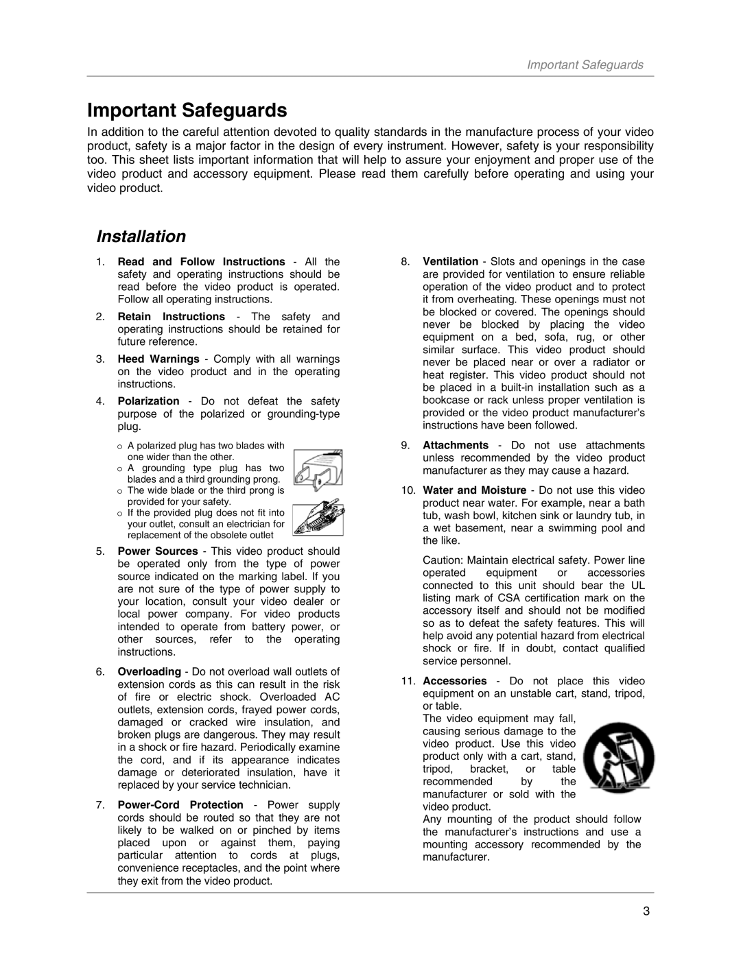 LOREX Technology L19LD800-Series instruction manual Important Safeguards, Installation 