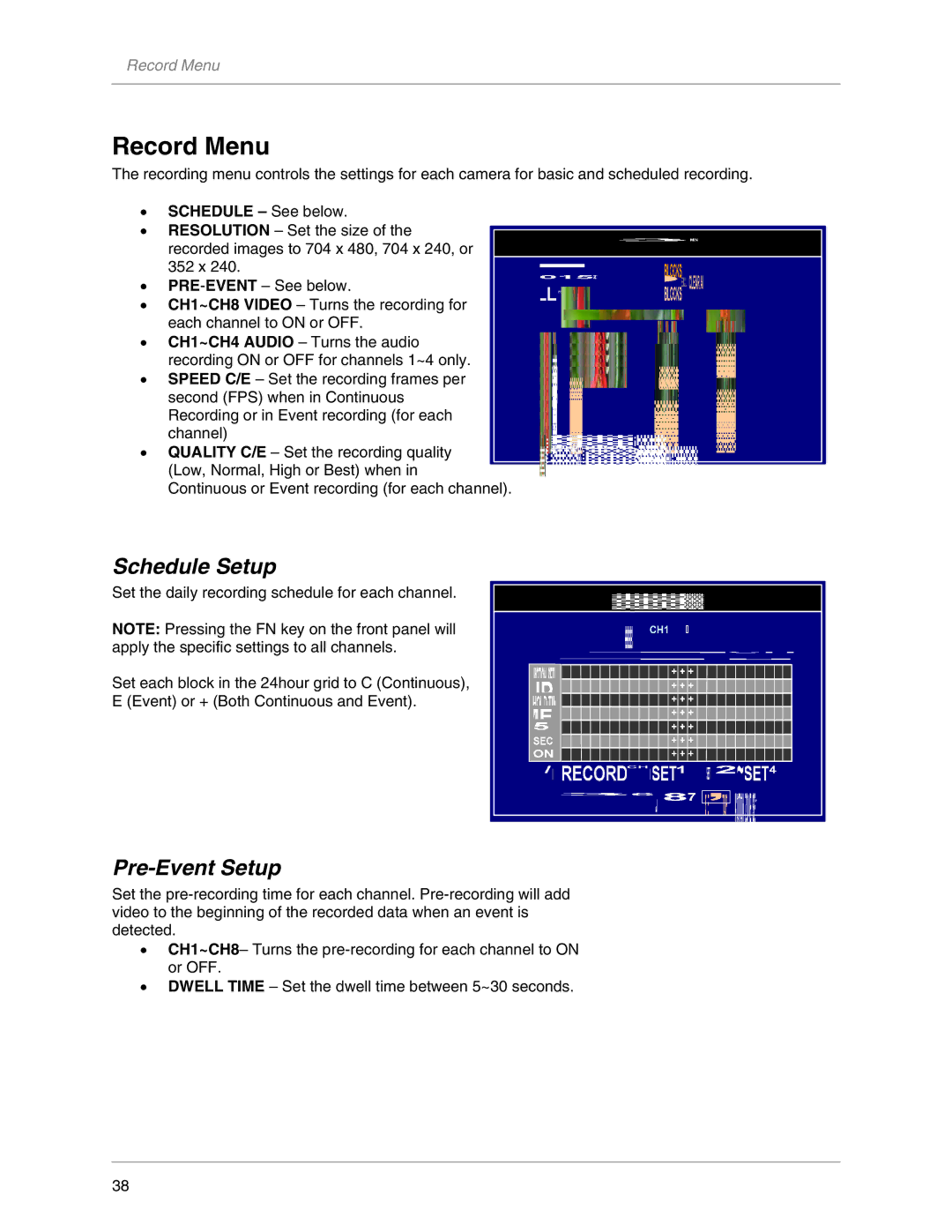 LOREX Technology L19LD800-Series instruction manual Record Menu, Schedule Setup, Pre-Event Setup, Schedule See below 