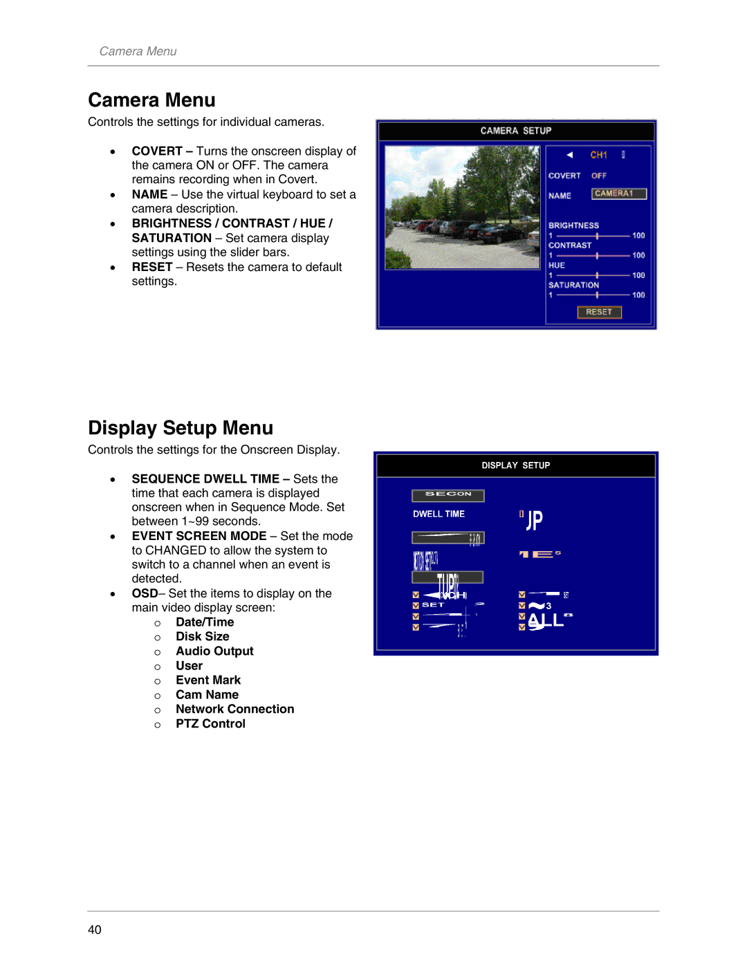 LOREX Technology L19LD800-Series instruction manual Camera Menu, Display Setup Menu 