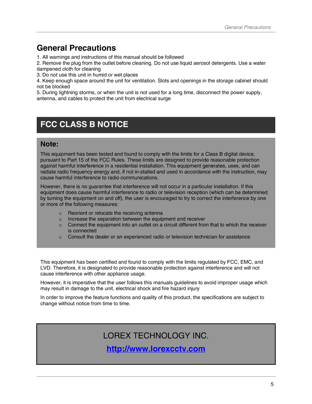 LOREX Technology L19LD800-Series instruction manual General Precautions, FCC Class B Notice 