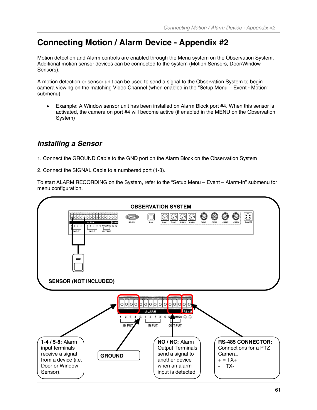 LOREX Technology L19LD800-Series Connecting Motion / Alarm Device Appendix #2, Installing a Sensor, Alarm No / NC Alarm 