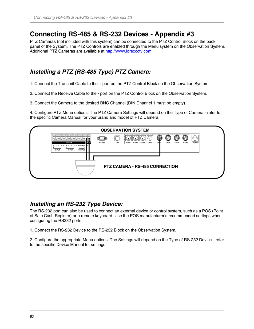 LOREX Technology L19LD800-Series Connecting RS-485 & RS-232 Devices Appendix #3, Installing a PTZ RS-485 Type PTZ Camera 