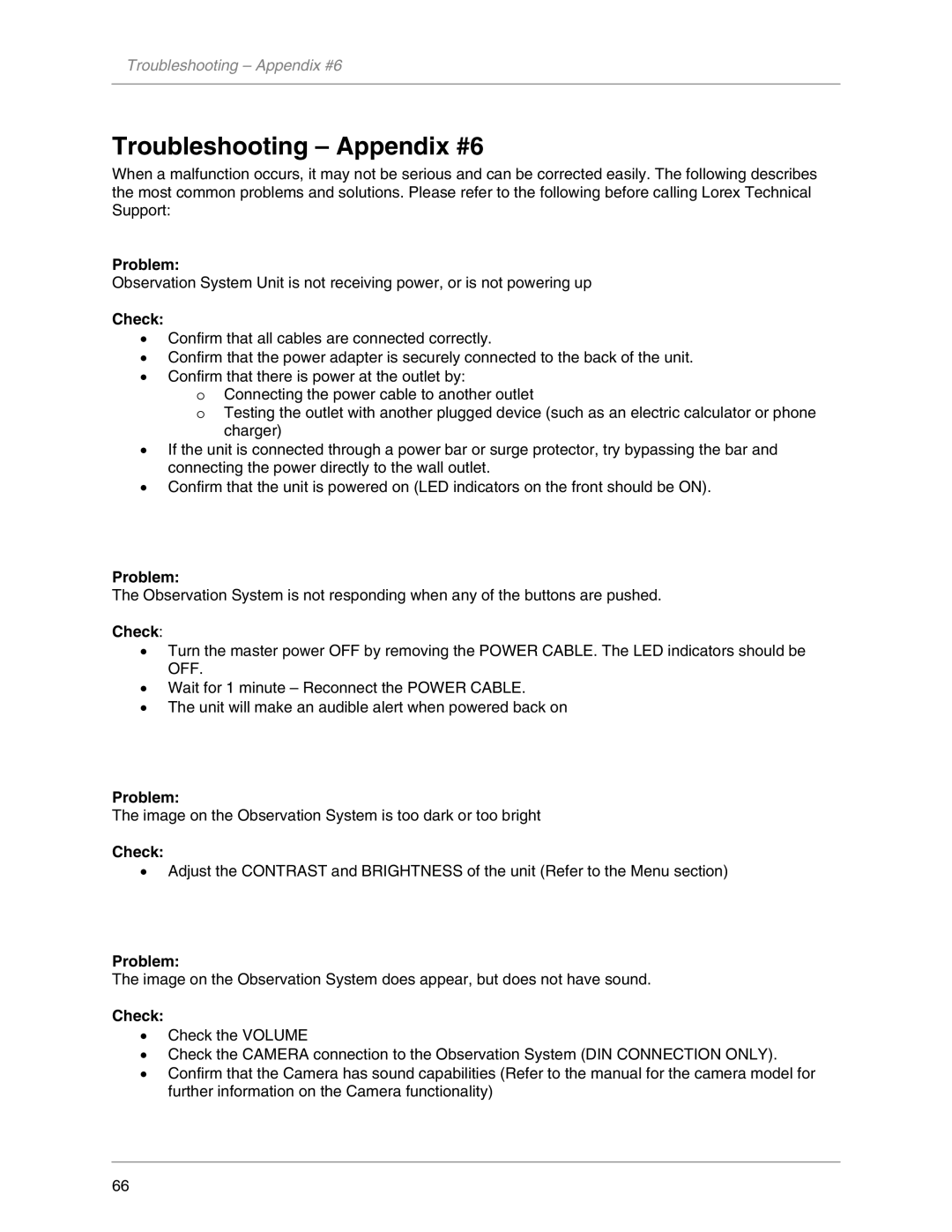 LOREX Technology L19LD800-Series instruction manual Troubleshooting Appendix #6, Problem, Check 