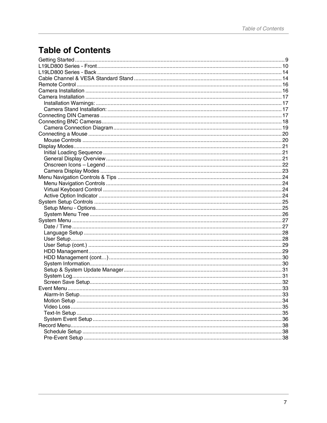 LOREX Technology L19LD800-Series instruction manual Table of Contents 