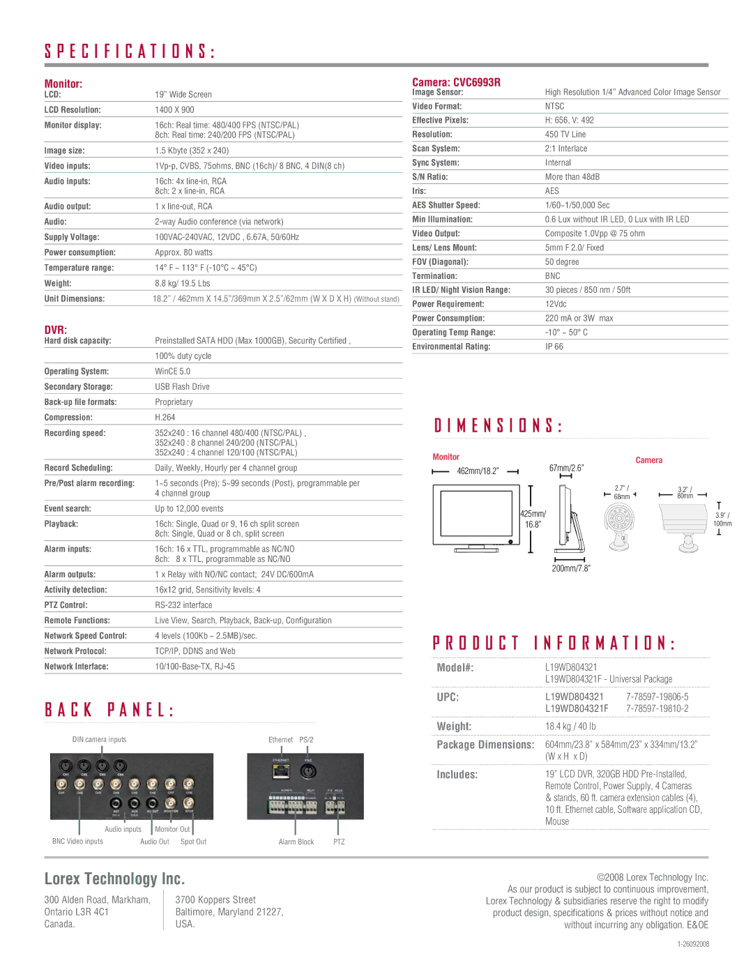 LOREX Technology L19WD800 quick start Lcd, Ntsc, Aes, Bnc 