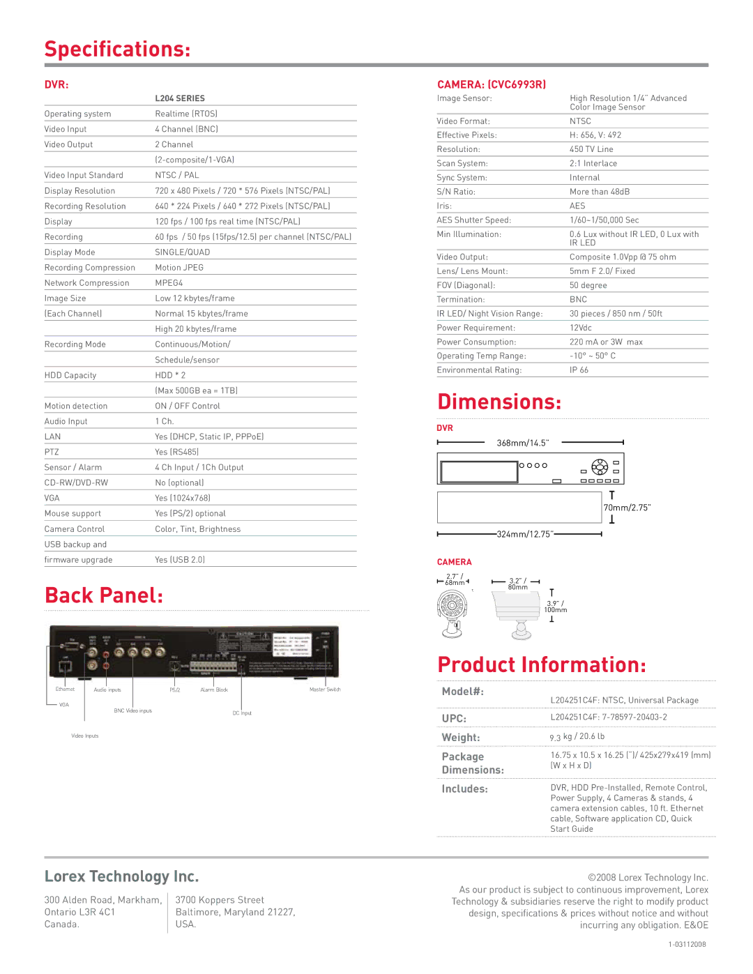 LOREX Technology L204251C4F quick start Specifications, Back Panel, Dimensions, Product Information 