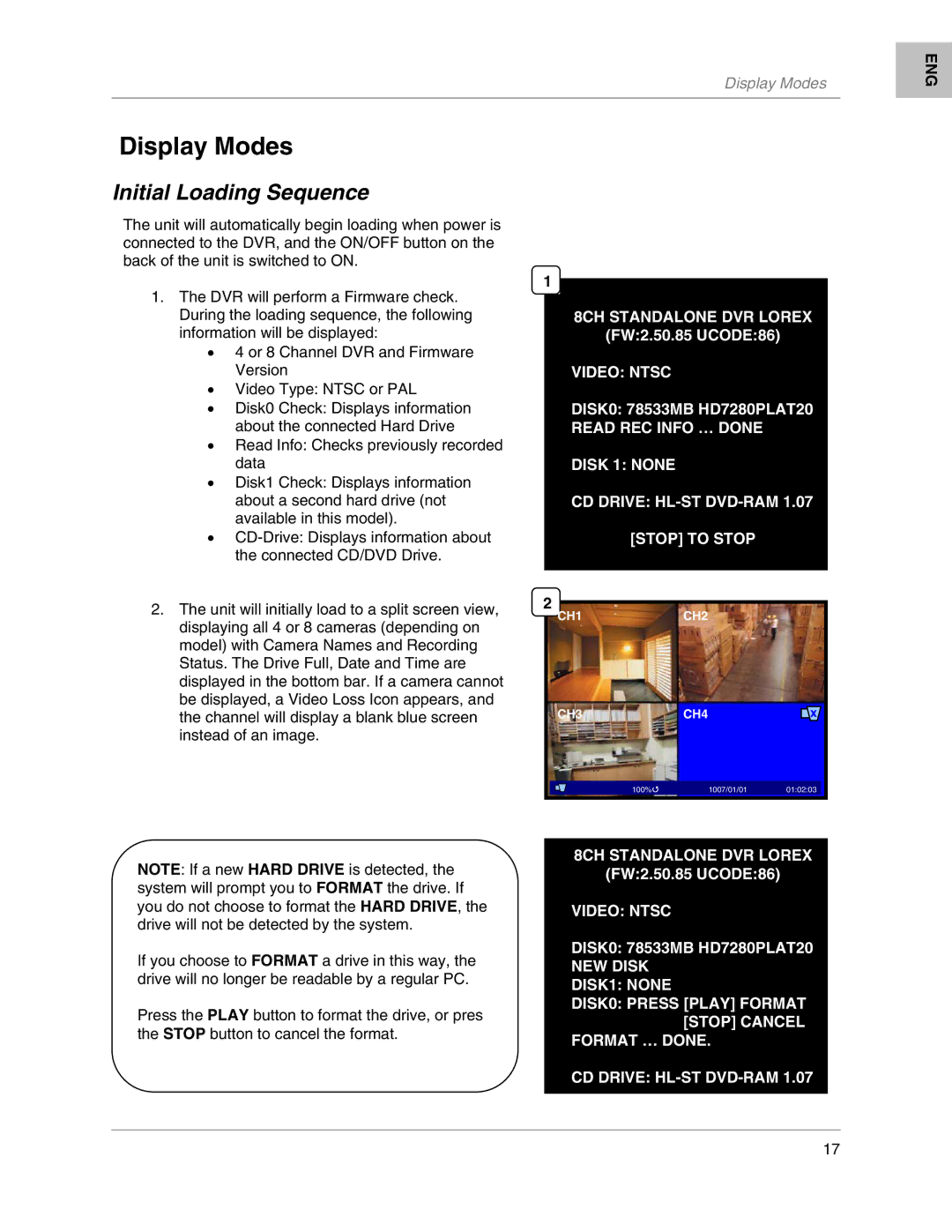 LOREX Technology L204, L208 instruction manual Display Modes, Initial Loading Sequence 