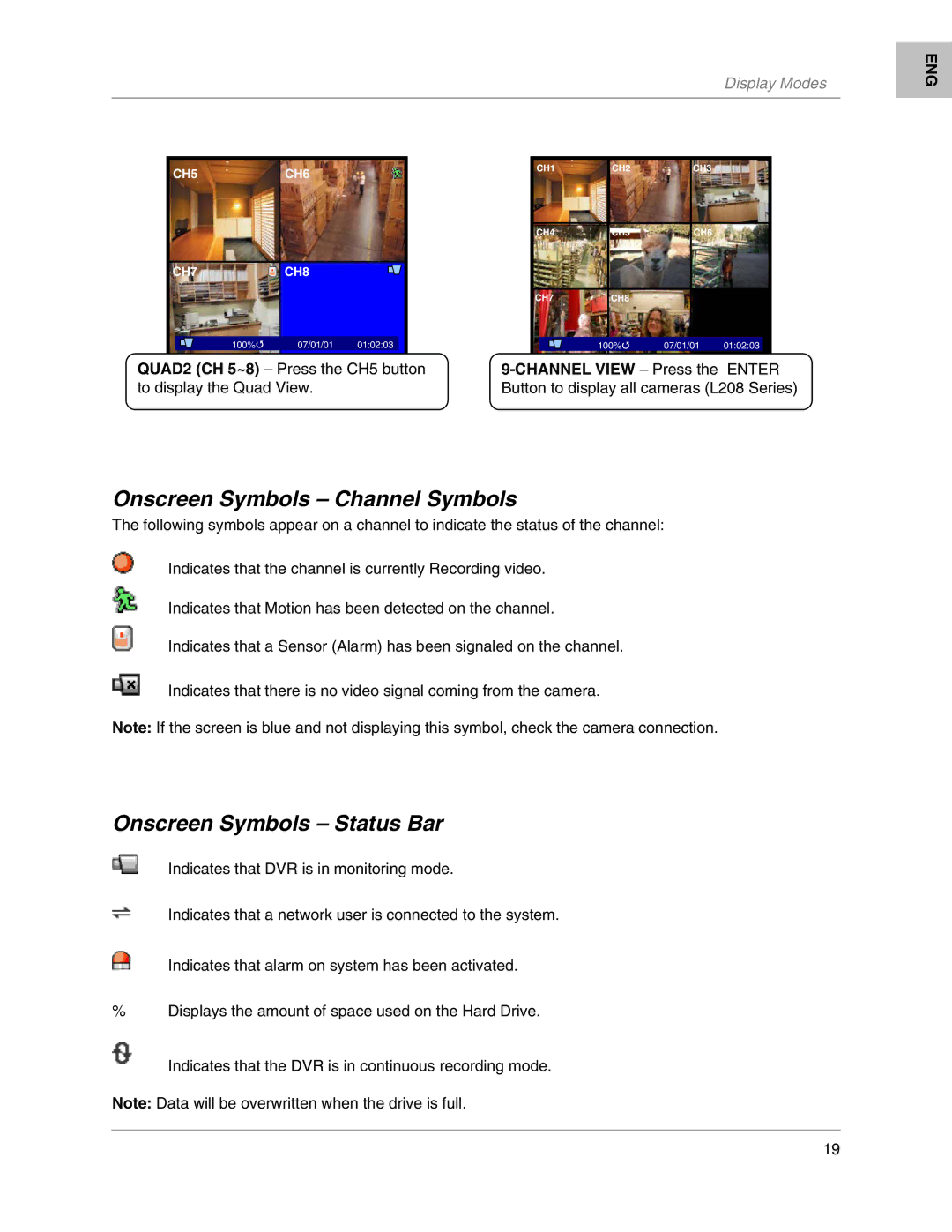 LOREX Technology L204, L208 instruction manual Onscreen Symbols Channel Symbols, Onscreen Symbols Status Bar 