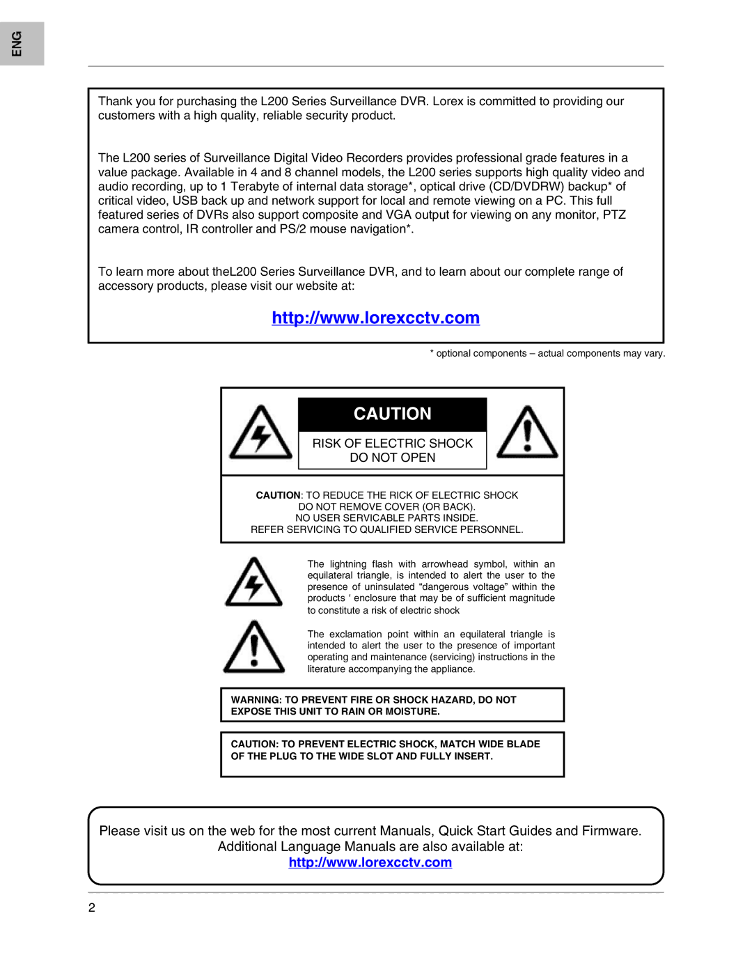 LOREX Technology L208, L204 instruction manual Risk of Electric Shock Do not Open 