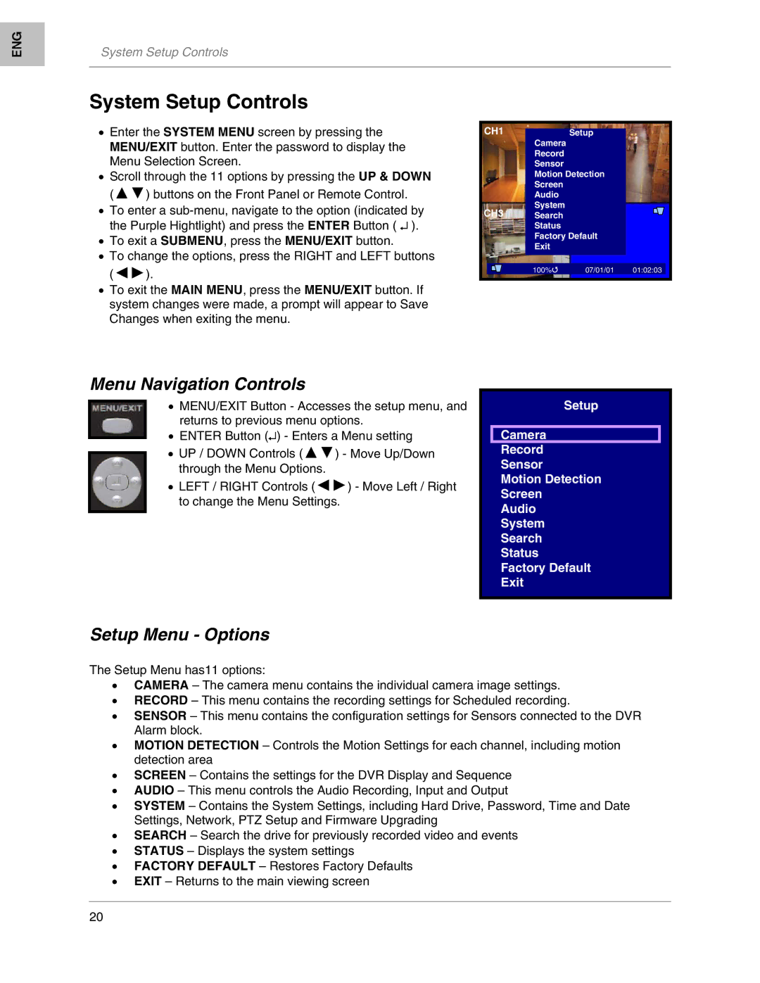 LOREX Technology L208, L204 instruction manual System Setup Controls, Menu Navigation Controls, Setup Menu Options 