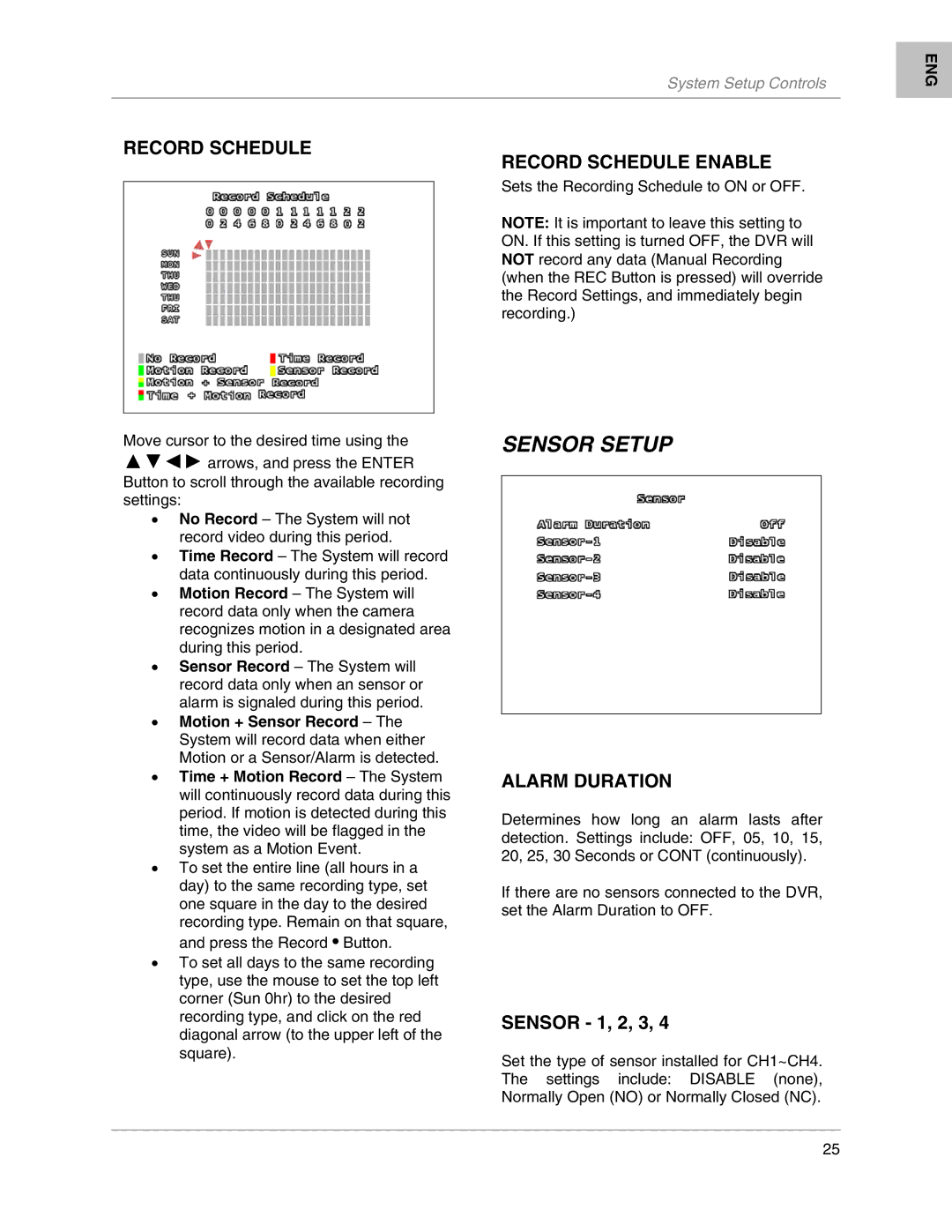 LOREX Technology L204, L208 instruction manual Sensor Setup, Record Schedule Enable, Alarm Duration 