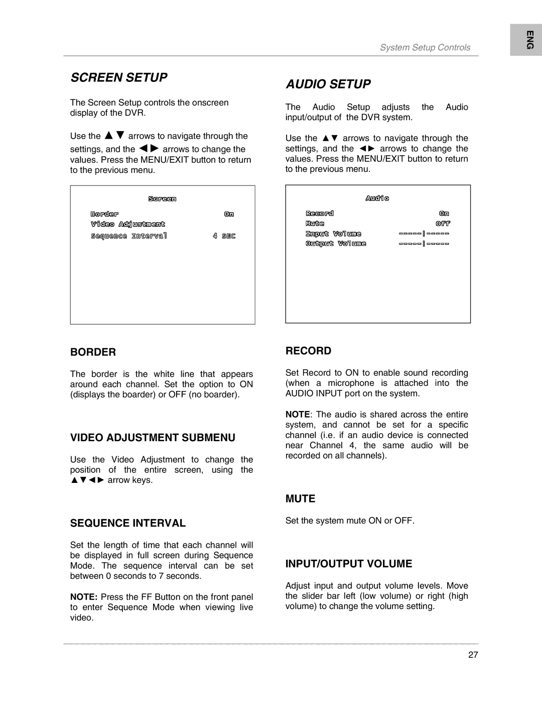 LOREX Technology L204, L208 instruction manual Screen Setup, Audio Setup 