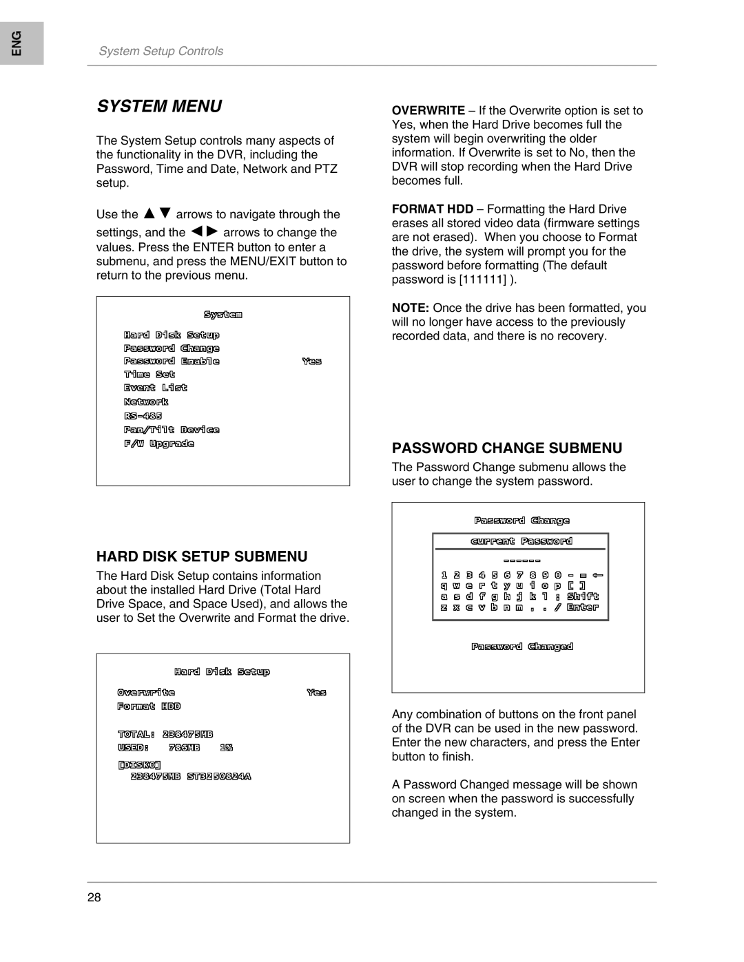 LOREX Technology L208, L204 instruction manual System Menu, Hard Disk Setup Submenu, Password Change Submenu 