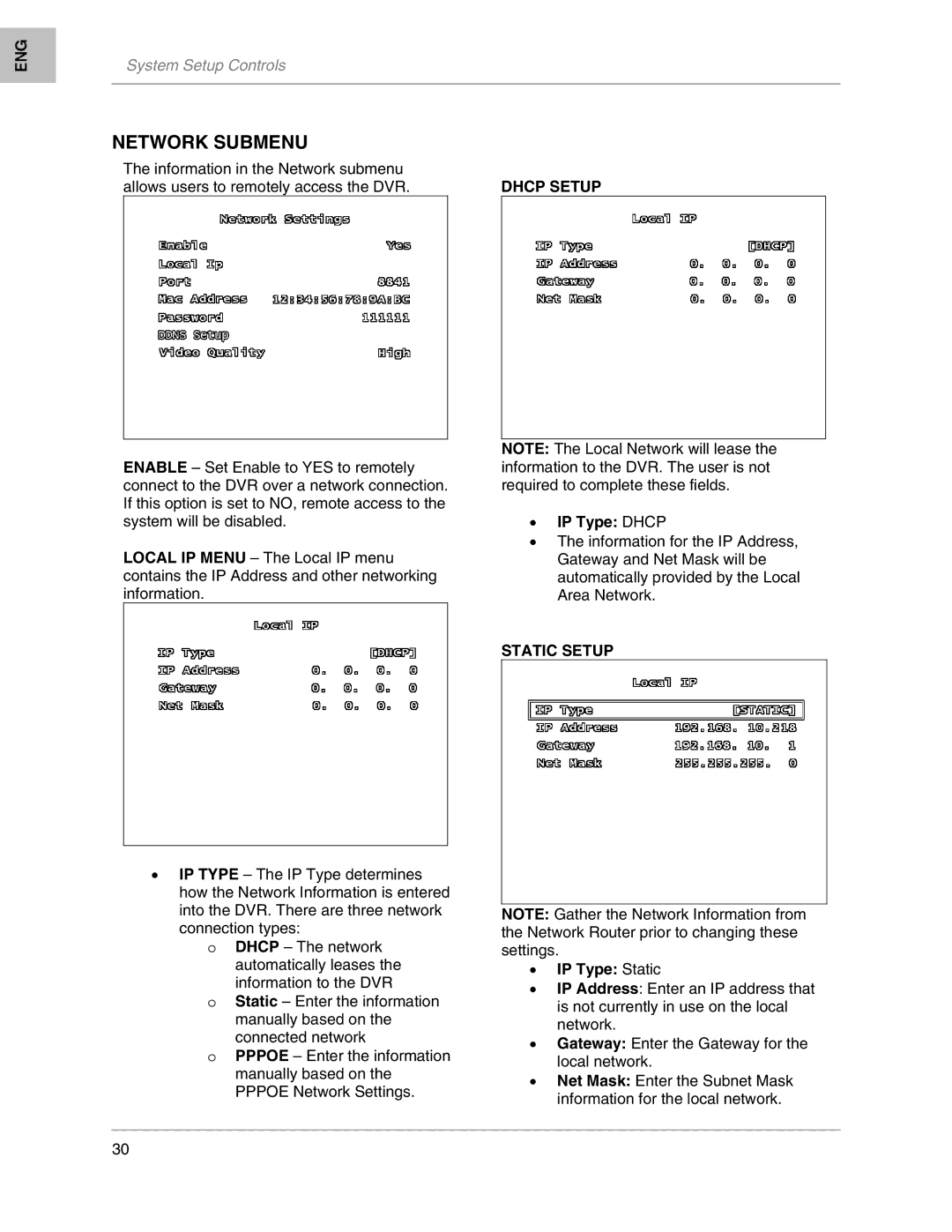 LOREX Technology L208, L204 instruction manual Network Submenu, Dhcp Setup, IP Type Dhcp, Static Setup, IP Type Static 