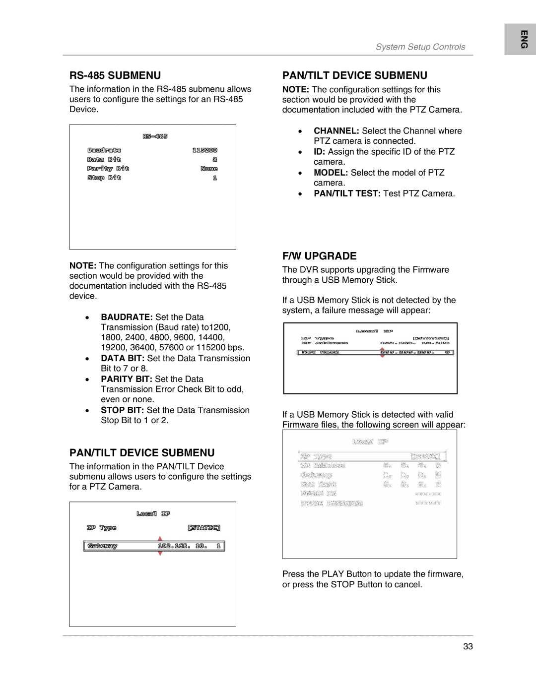 LOREX Technology L204, L208 instruction manual RS-485 Submenu, PAN/TILT Device Submenu, Upgrade 