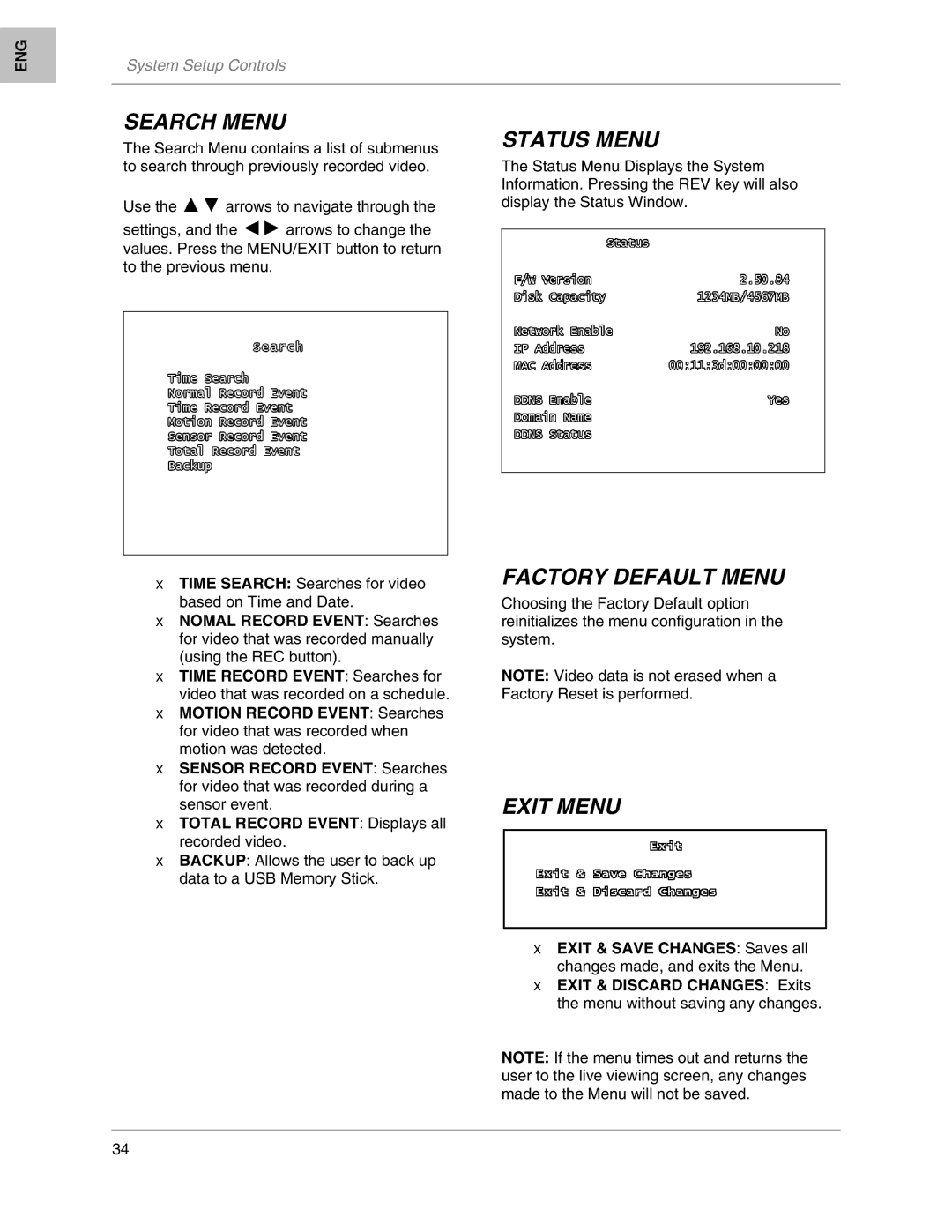 LOREX Technology L208, L204 instruction manual Search Menu, Status Menu, Factory Default Menu, Exit Menu 