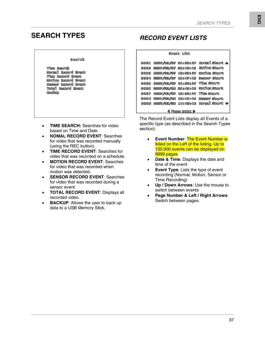 LOREX Technology L204, L208 instruction manual Search Types, Number & Left / Right Arrows Switch between pages 