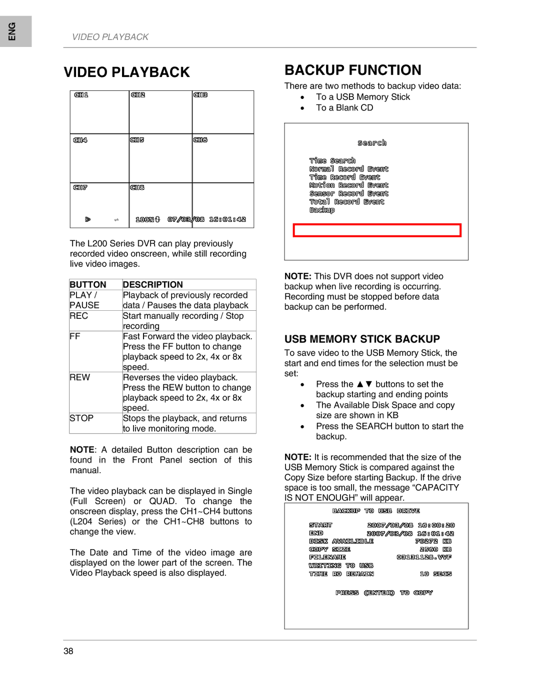 LOREX Technology L208, L204 instruction manual USB Memory Stick Backup, Button Description 